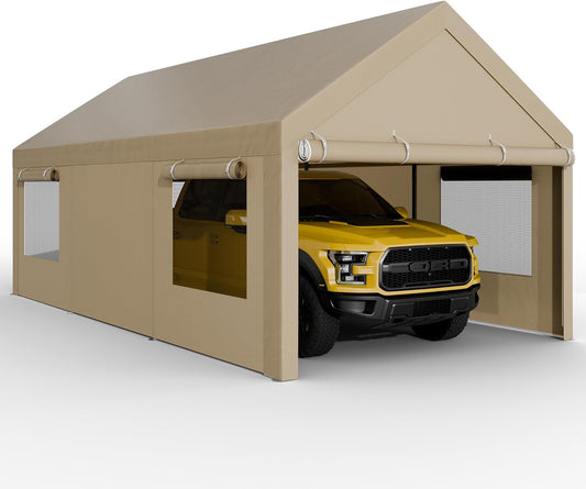 JAMFLY Carport, 10x20 ft Heavy Duty Carport with Roll-up Windows, Portable Garage with Removable Sidewalls & Doors, Car Canopy with Sandbags and All-Season Tarp for Car Boat Truck Motorcycle, Khaki
