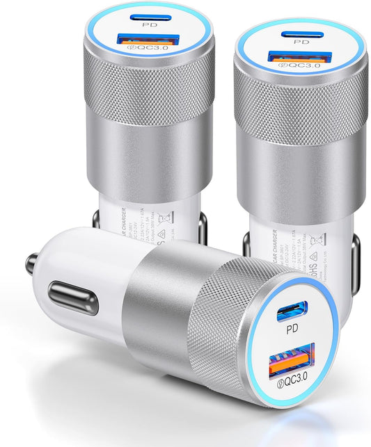3-Pack Car Charger, Ancekoy 38W Dual Port Fast Charge PD & QC 3.0 Car Adapter Cigarette Lighter USB Plug for iPhone 16/15/14/13 Pro Max, iPad, Galaxy S25/S24/S23 and More (White)