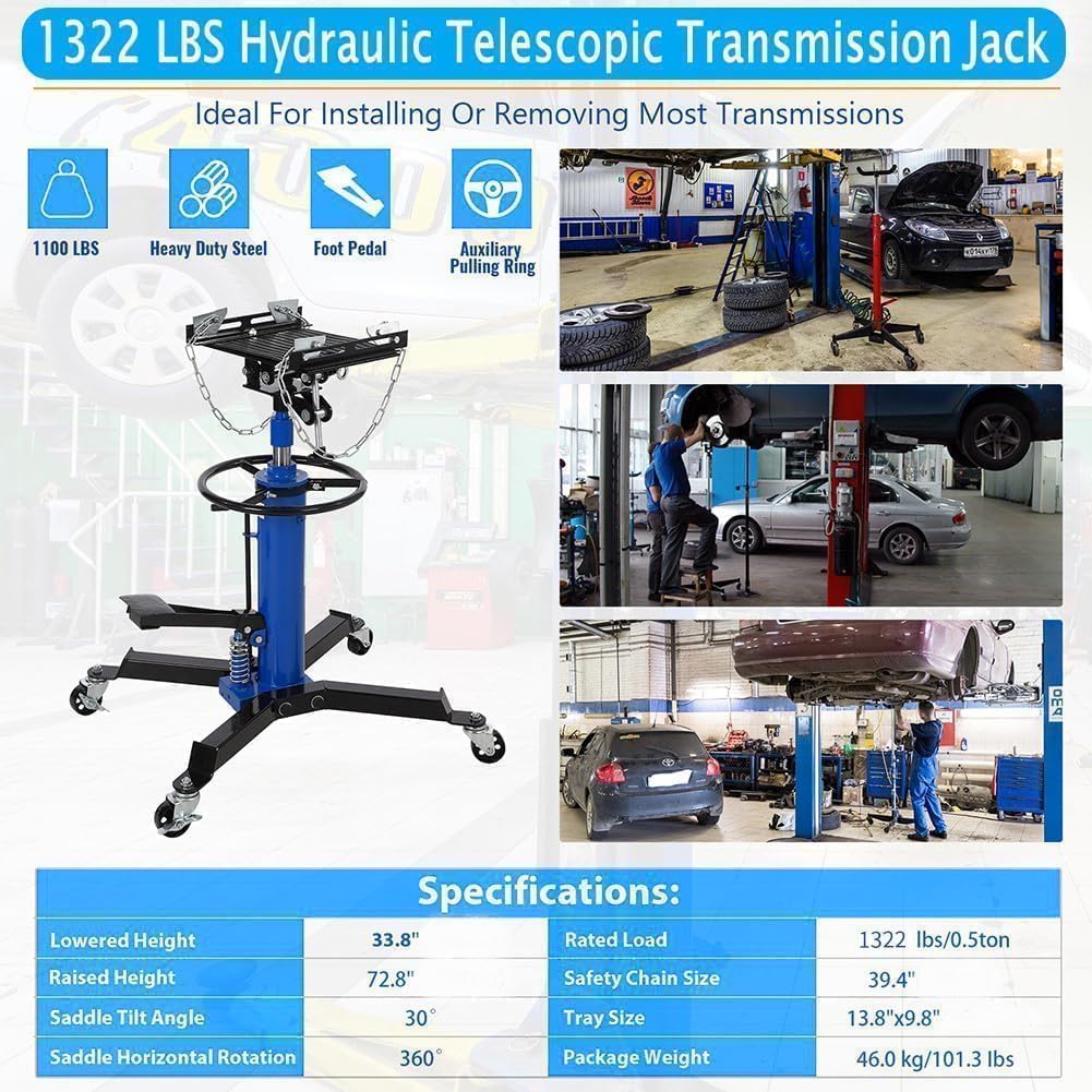 Transmission Jack with 1 Stage Hydraulic Ram, 1322 LBS Hydraulic Telescoping Transmission Jack with Foot Pedal & 360° Swivel Wheels, Heavy-Duty Garage/Workshop Jacks for Car/Truck Repairs, Blue