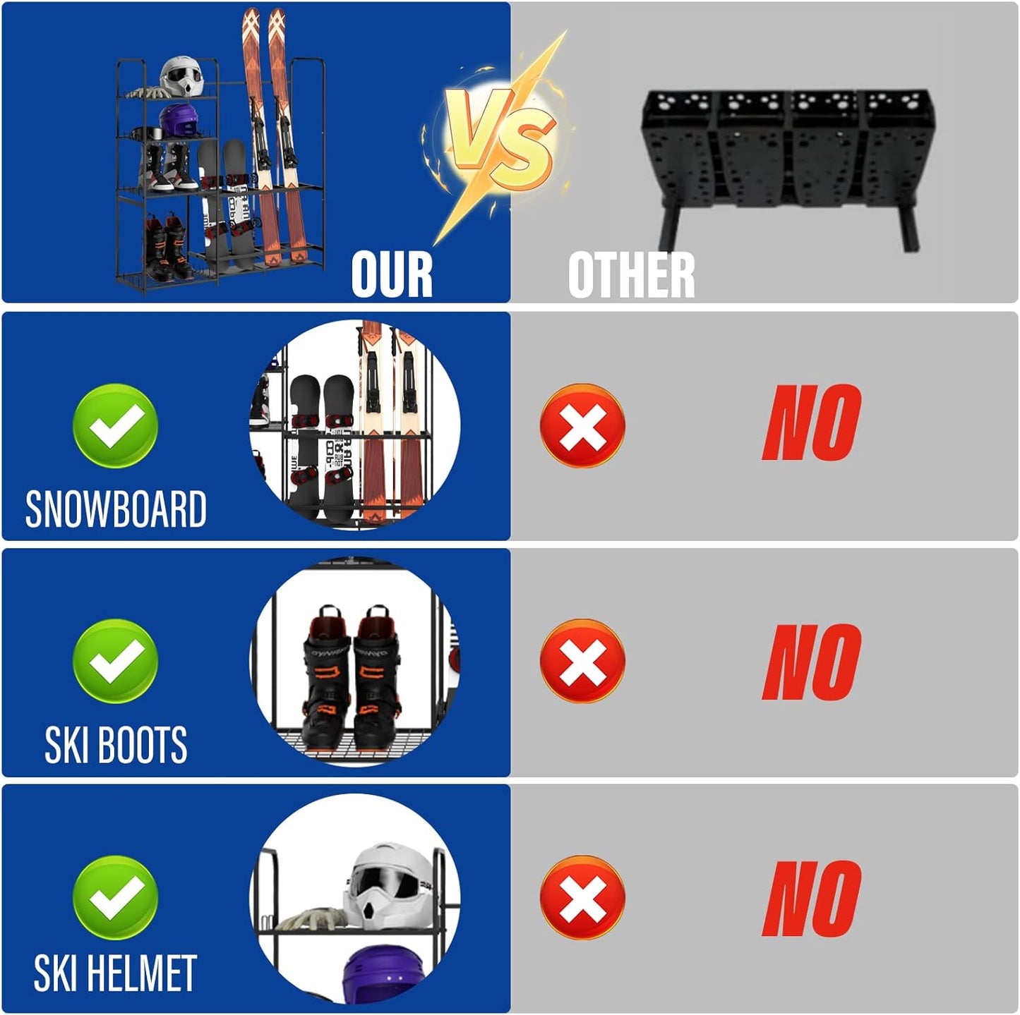 Ski Rack for Garage Freestanding Ski Storage Rack Metal Ski Holders with Storage Shelf Heavy Duty Floor Stand Ski Organizer for Snowboard Ski Poles Ski Boot Goggles Helmet