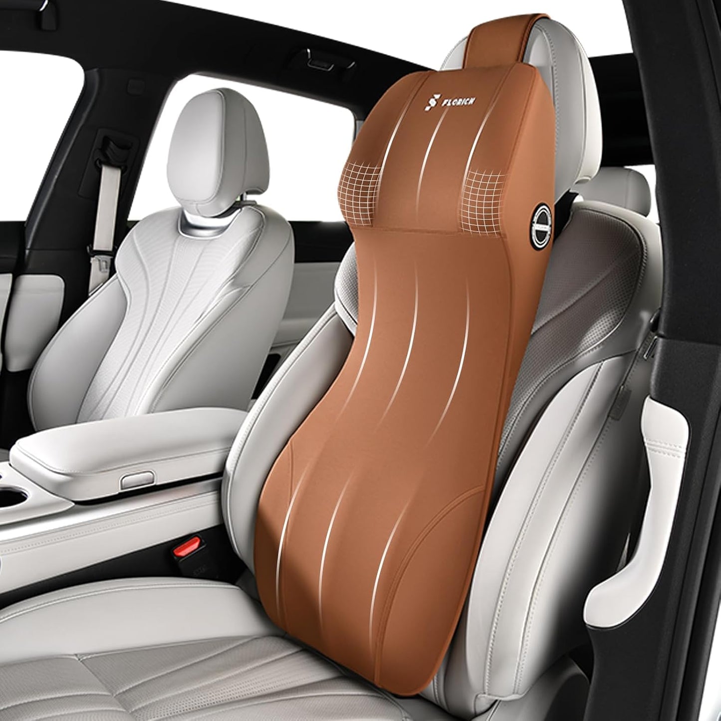 FLORICH Car Seat Lumbar Support with Headrest Pillow Memory Foam Car Lumbar Pillow Back Support Cushion 2-in-1 Ergonomic Back Rest Pillow & Car Neck Pillow for Driving Tailbone Pain Relief, Brown