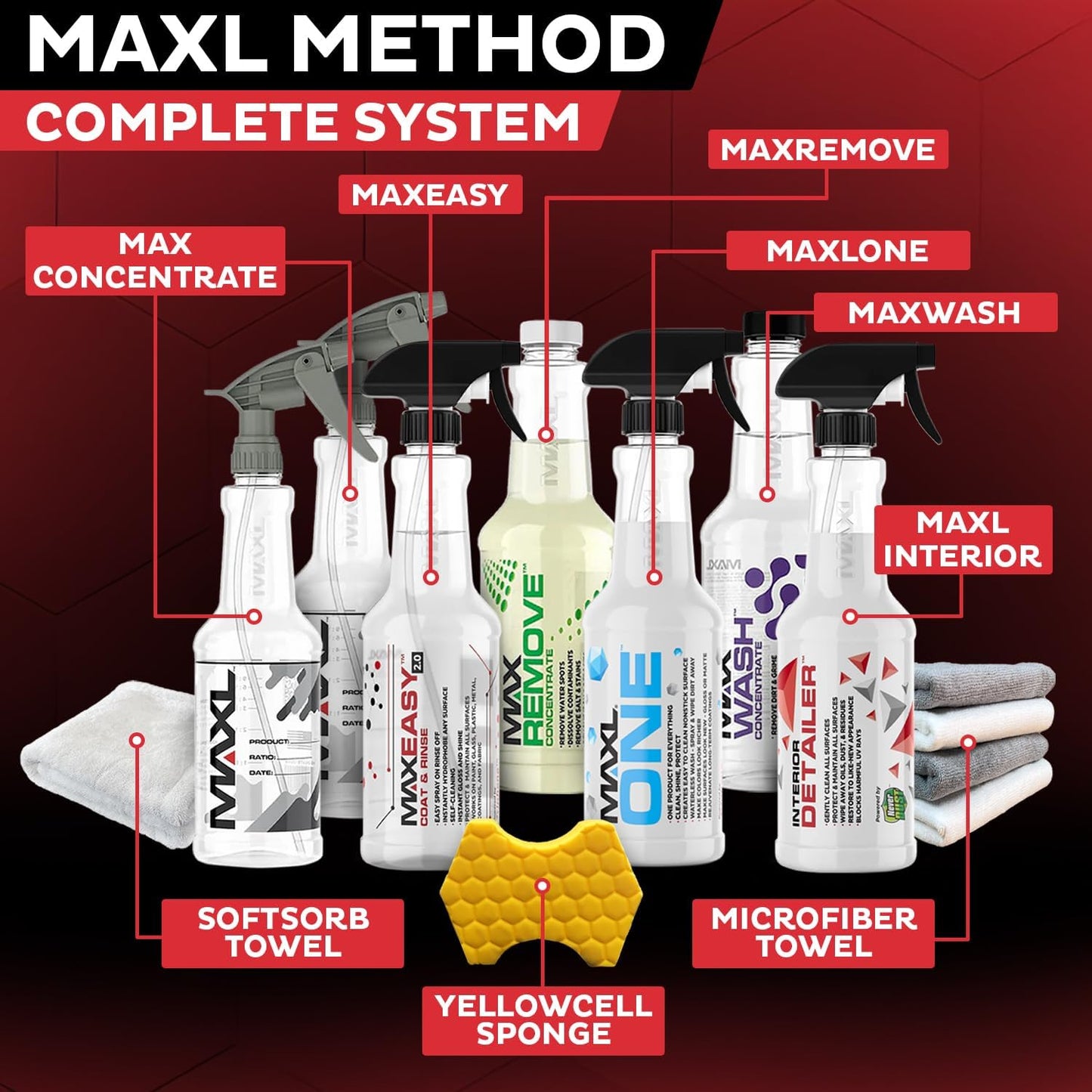 MAXL® Method Complete 9 Premium Auto Detailing Solution Bundle - All-in-One Car Detailing Kit for Deep Clean, Paint Protection, Instant Gloss, Spot-Free Drying, and Easy Rinse-Off Application