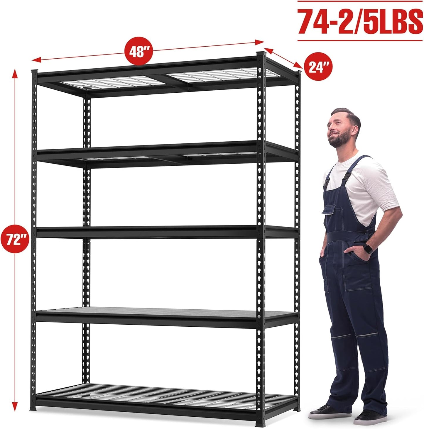 WORKPRO 4000 lbs 5-Tier Metal Shelving Unit, 72”H x 48”W x 24”D, Heavy Duty Adjustable Storage Rack, for Garage, Basement, Warehouse, Workshop