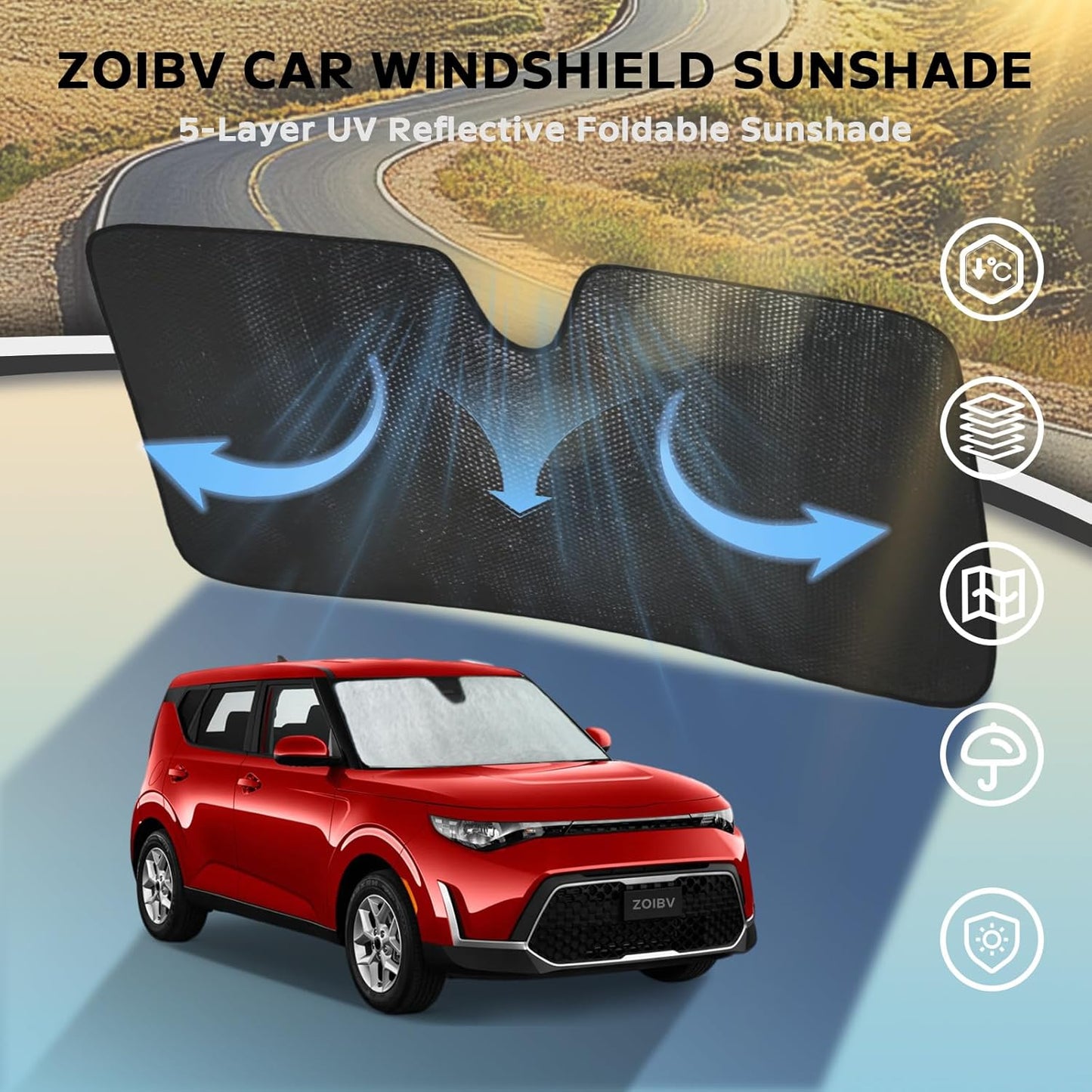 Windshield Sun Shade for KIA Soul 2020-2025 - 5-Layer Bubble Foldable Front Window Shade Sun Visor Accessories - Blocks Heat & UV Rays