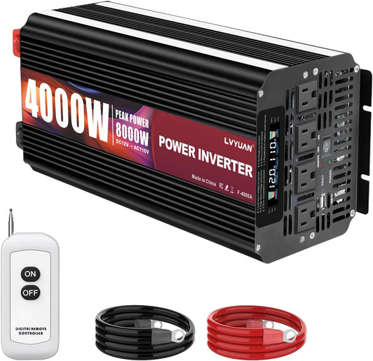 LVYUAN 4000 Watt Power Inverter 12V to 110V 120V for Vehicle, Solar Inverter System, Heavy Duty, RV, Truck, Off Grid,Camping with 4 AC Outlets, LCD Display, Wireless Remote Control, Car Power Inverter