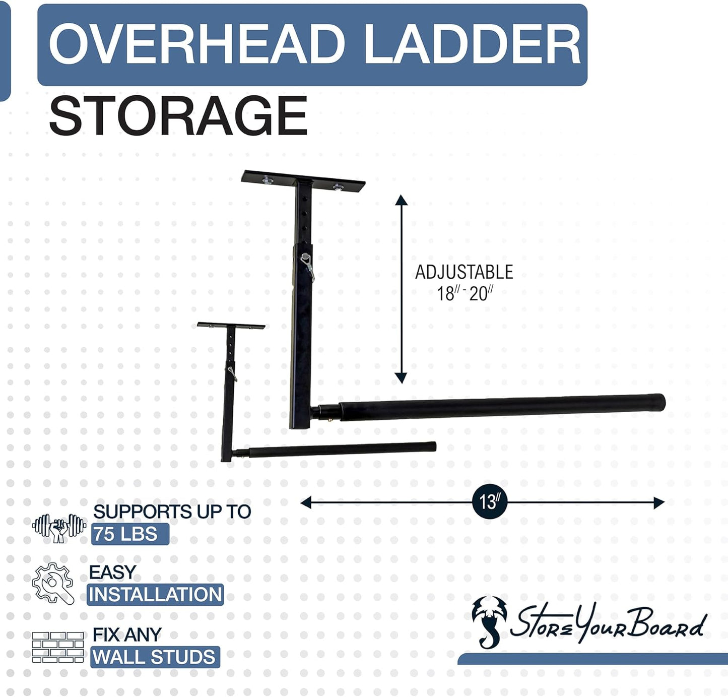 StoreYourBoard Adjustable Ceiling Rack – Hi Port 2 Garage Ceiling Ladder Hanger | Adjustable Overhead Ladder Storage for Step & Extension Ladders | Garage Organization | Holds 75 lbs