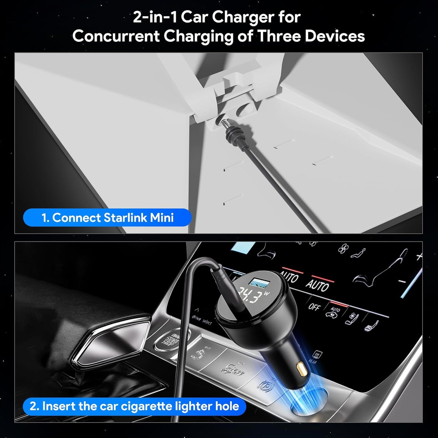 QUIDDITY Starlink Mini Car Adapter DC Power Cable + Cigarette Lighter Adapter 12V-24V with Digital Display, Water-Resistent Car Charging Cord with USB Type-C Port Starlink Mini Accessories(2M/6.5FT)
