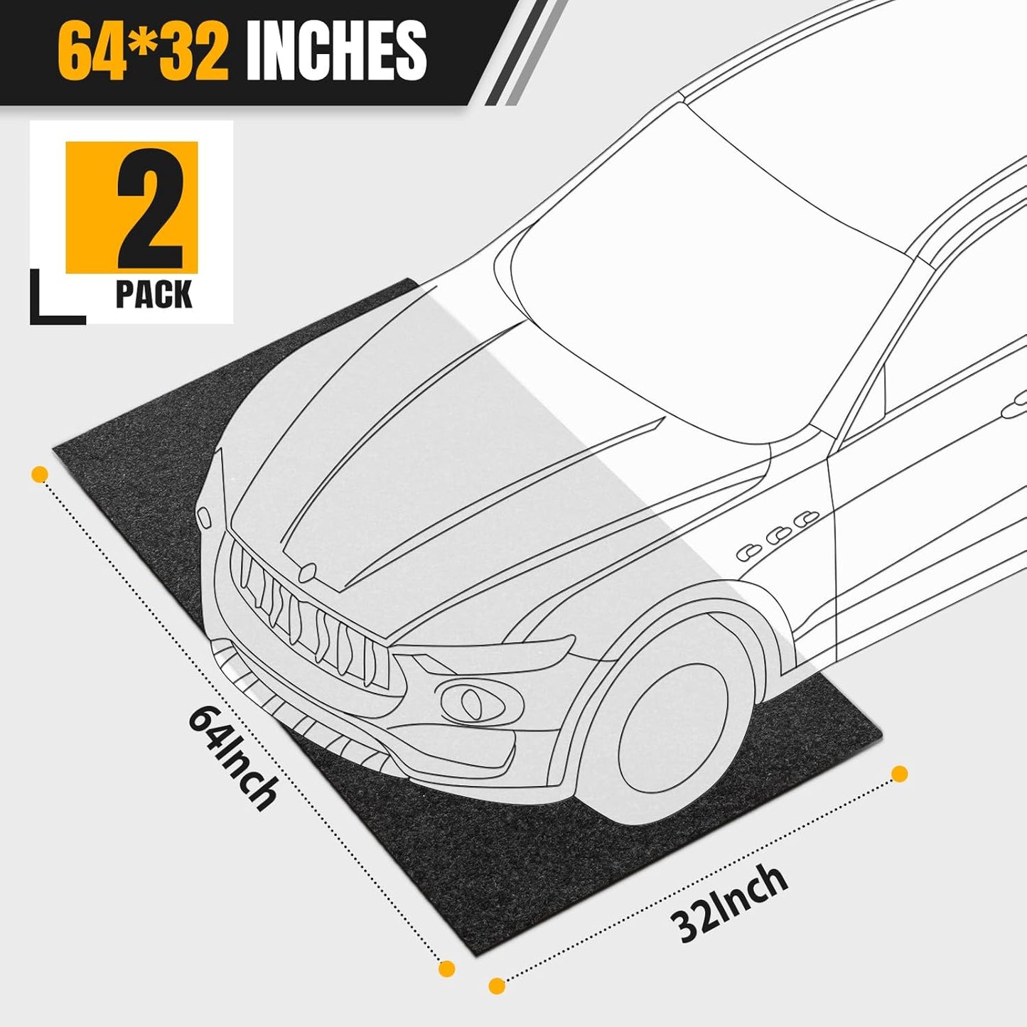 Heavy Duty Oil Spill Mat, Garage Floor Mat for Under Car, 64" X 32", Waterproof, 1/4" Rubber Backing Protects Floor, Reusable, Absorbs All Types of Spills, Oil Absorbent Pads(2-Pack)