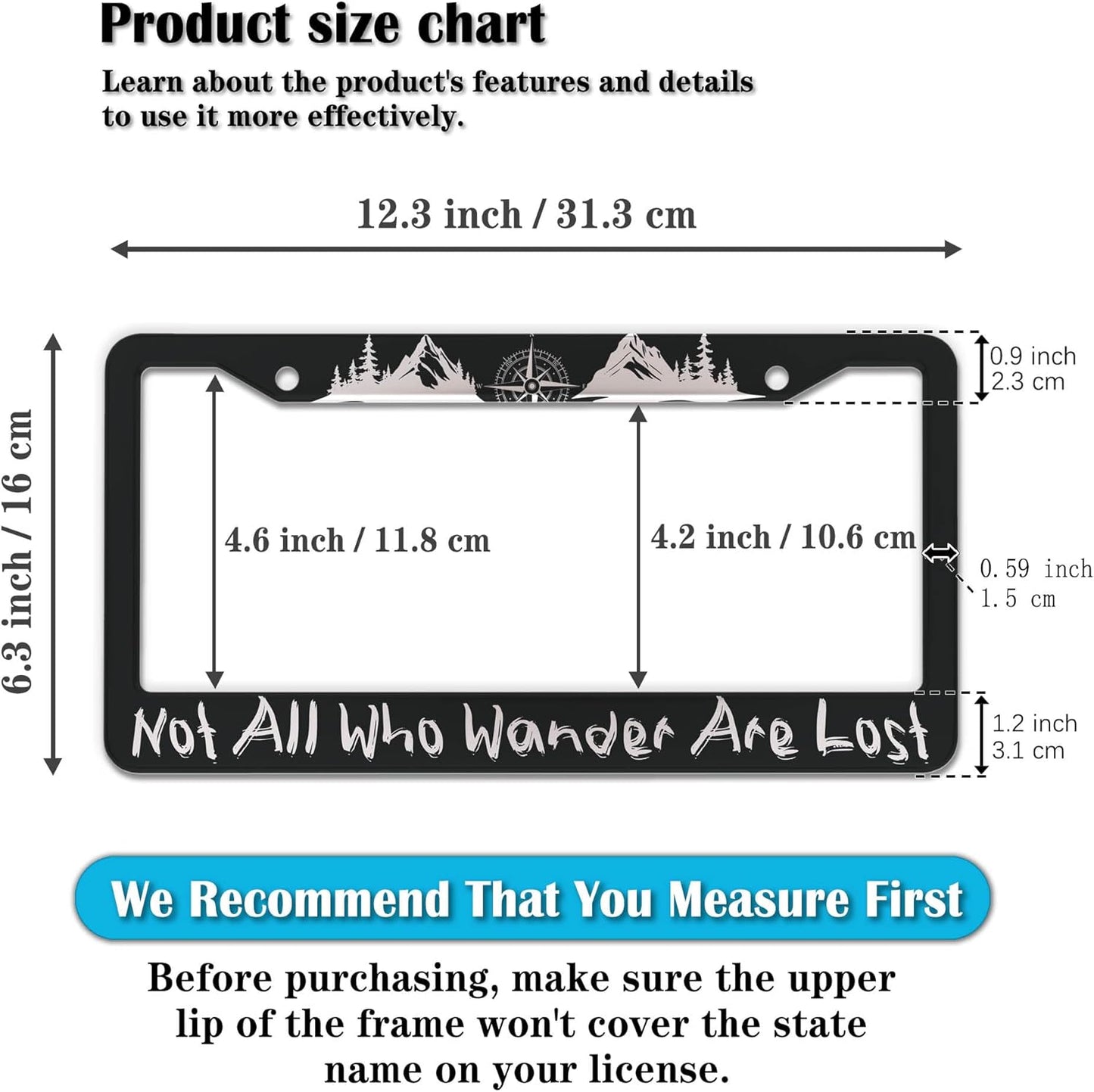 Metal License Plate Frame Black and White License Plate Frames Not All Who Wander are Lost Universal Aluminum Car Accessory 2 Pack with Screw Covers Set