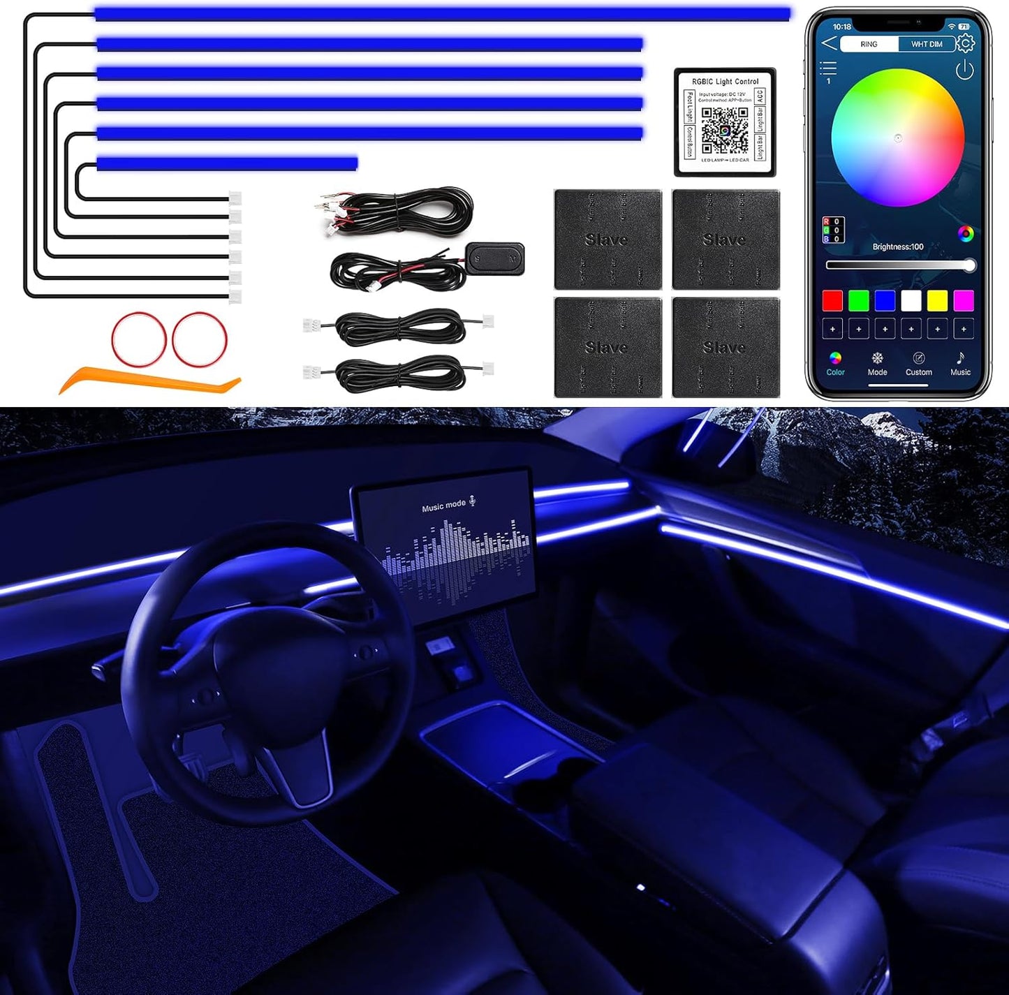 Acrylic Interior Car LED Strip Light with Wireless APP, RGB 6 in 1 with 175 inches 612 LEDs Fiber Optic Car Ambient Lighting Kits, Dynamic Music Sync Neon LED Strip Lights for Car