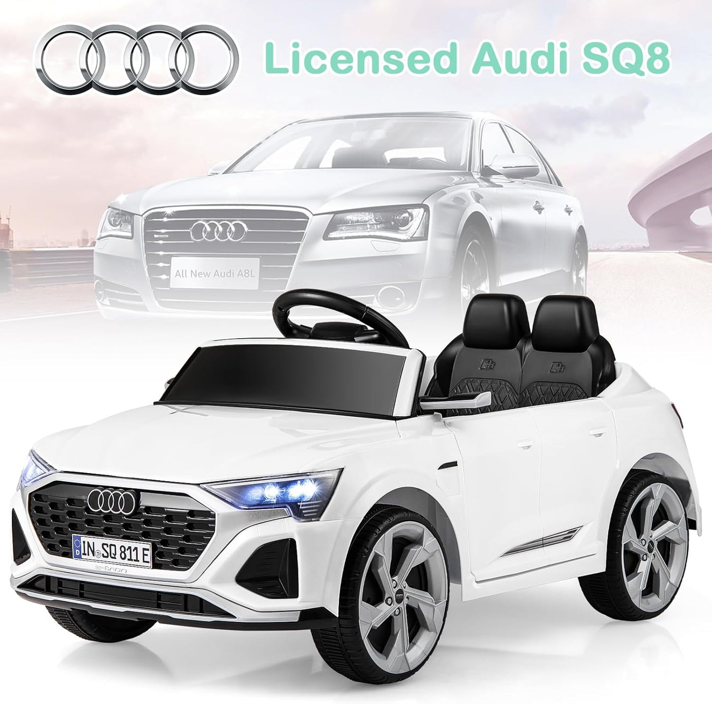 Licensed Audi SQ8 Ride on Car by OLAKIDS, 12V Kids Electric Vehicle with Remote Control, Toddlers Battery Powered Toy with 3 Speeds, Wheels Suspension, Music (White)