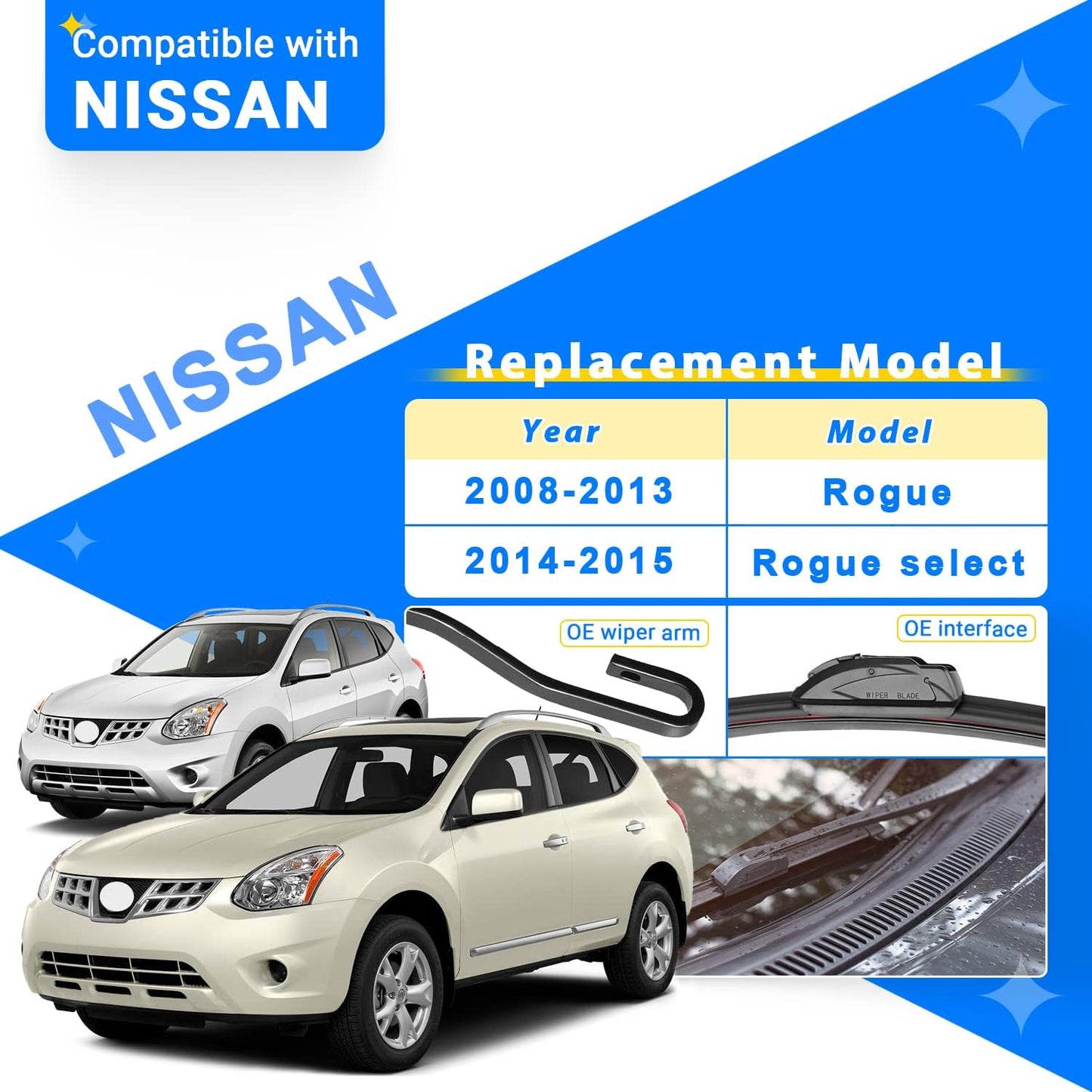 Windshield Wiper Blades Replacement for Nissan Rogue 2008 2009 2010 2011 2012 2013 / Nissan Rogue Select 2014 2015 Original Factory Quality Front Rear Wipers Blade Set - 26" 14" 12"