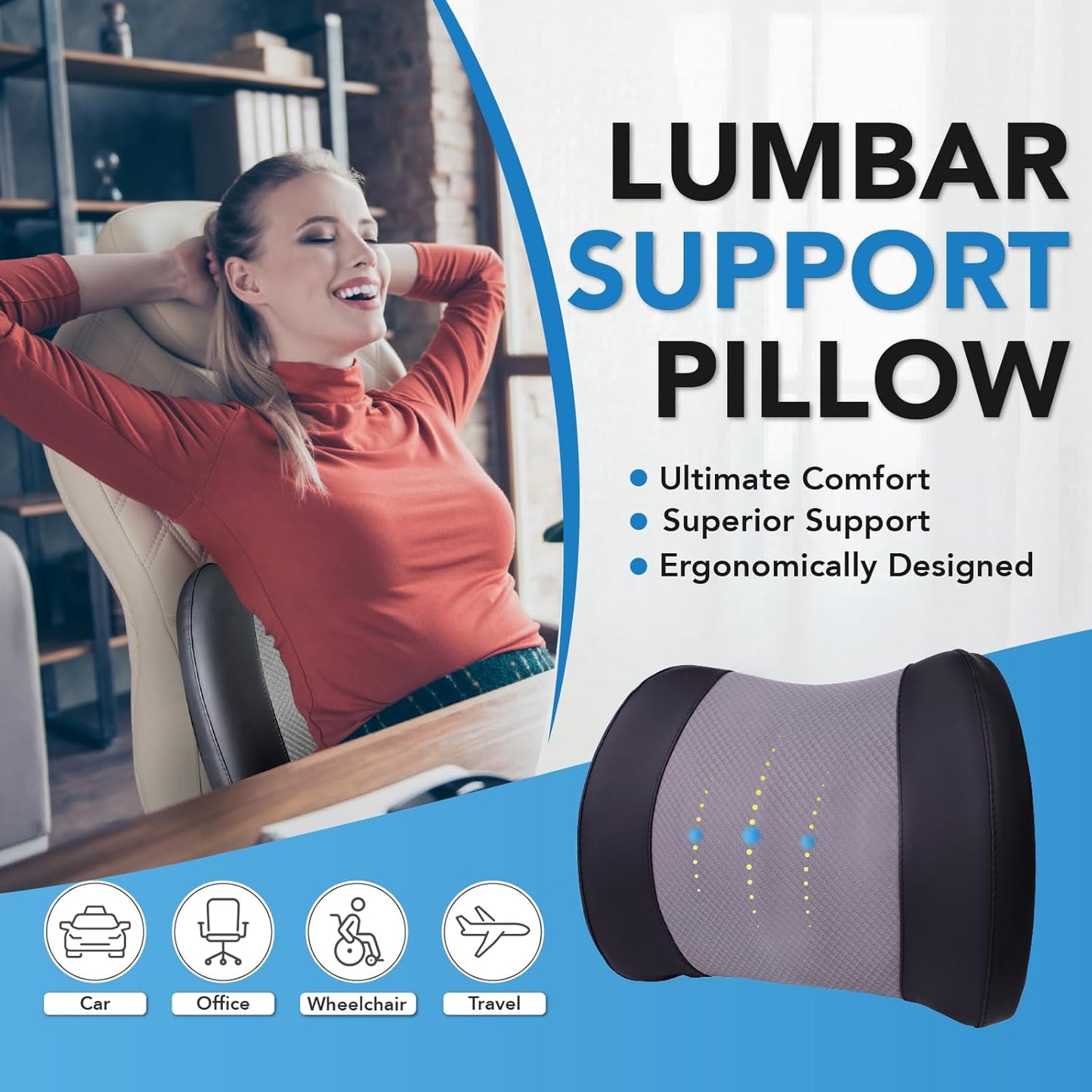 Lumbar Support Pillow for Car, Memory Foam Lumbar Pillow for Lower Back Pain Relief - Back Cushion for Driving, Chair Support for Car-Office Chair, Wheelchair - Black&Gray