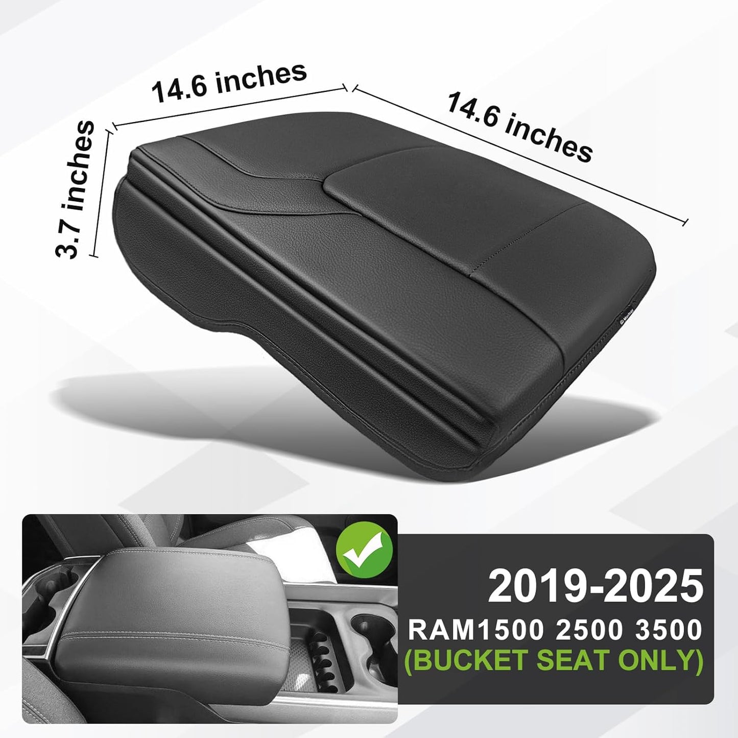 Muslogy Center Console Armrest Cover Compatible with Dodge Ram1500 2500 3500 2019-2025 Comfort Armrest Pad Arm Rest Cushion Vegan Leather Protector 1-Inch Extra Thick(Bucket Seat ONLY, NO FOR LIMITED)