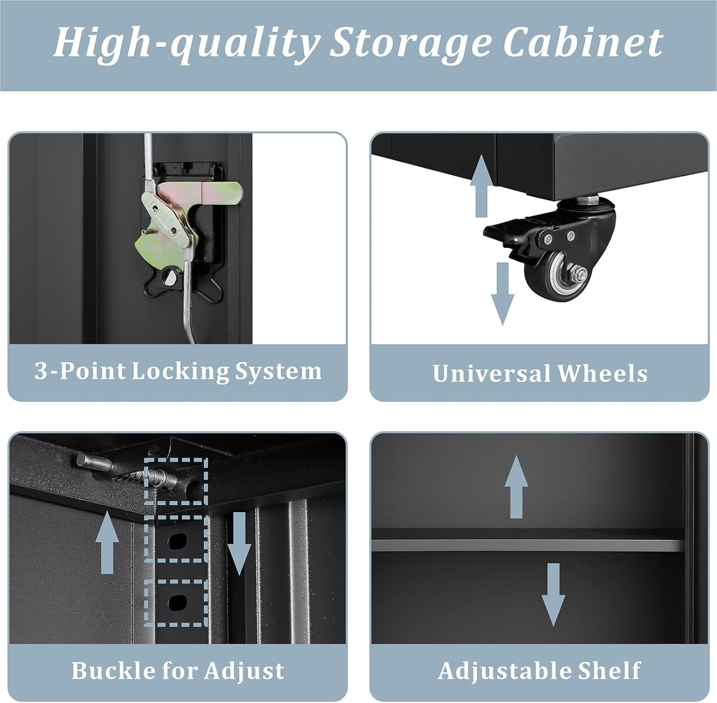 LUCYPAL Metal Storage Cabinet with Wheels,Steel Locking Storage Cabinet with Adjustable Shelves and 2 Doors,31.5" H Garage Cabinet for Home Office,Black