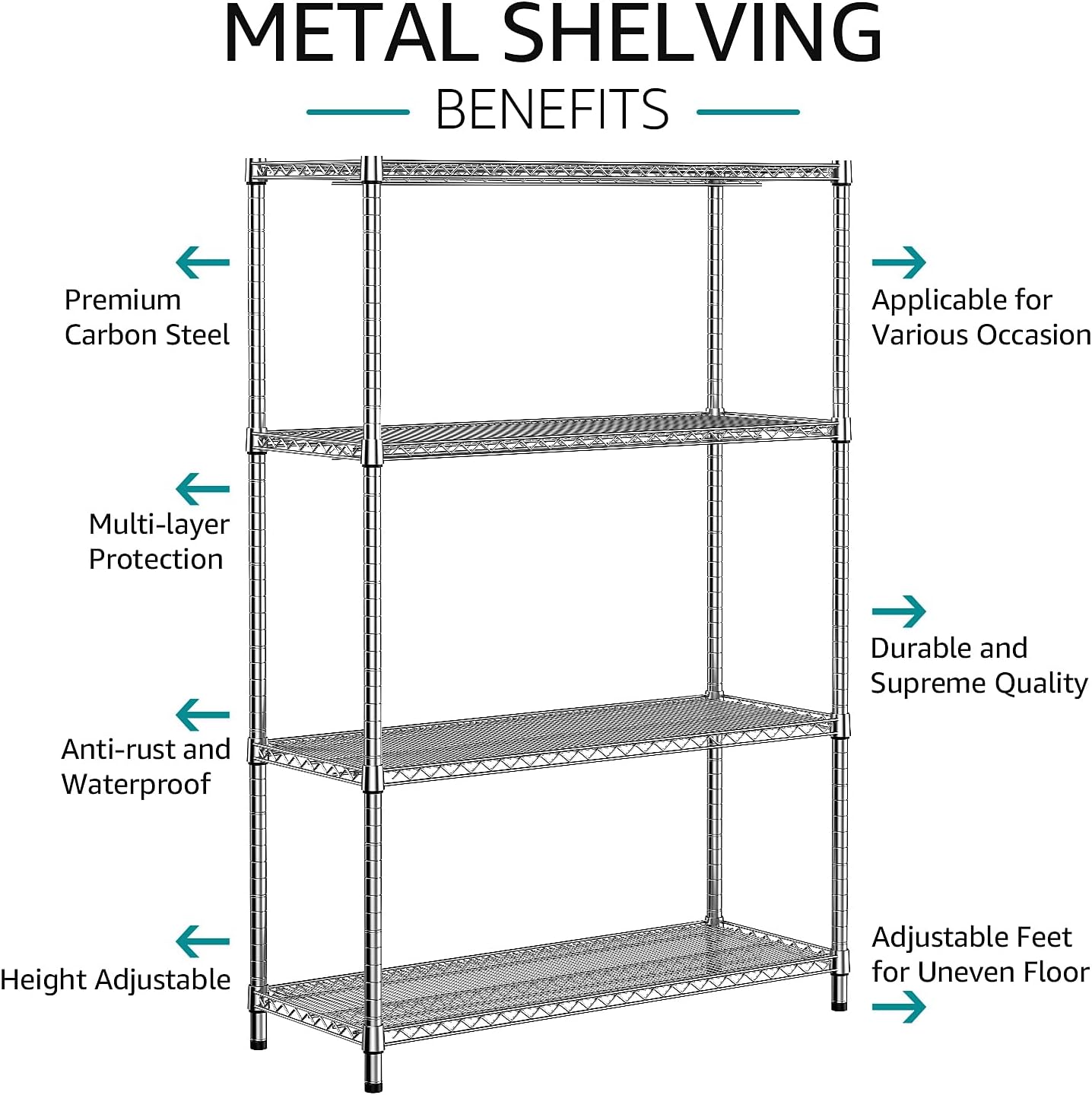 IZEUK 2640 LBS Garage Shelving Wide Storage Shelves 4 Tier Metal Shelves Heavy Duty Adjustable Utility Shelf Rack Chrome 17.7" D x 59.1" W x 70.4" H