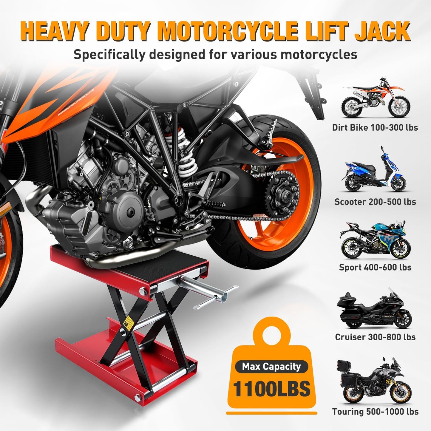 Nilight Motorcycle Lift Jack 1100 LBS Scissor Jack Stand Lift from 3.4" to 14.2" with Wide Deck Crank Handle Steel Scissor Hoist Garage Repair Lifter Table Jacks for Motorcycles ATV Dirt Bike, Red