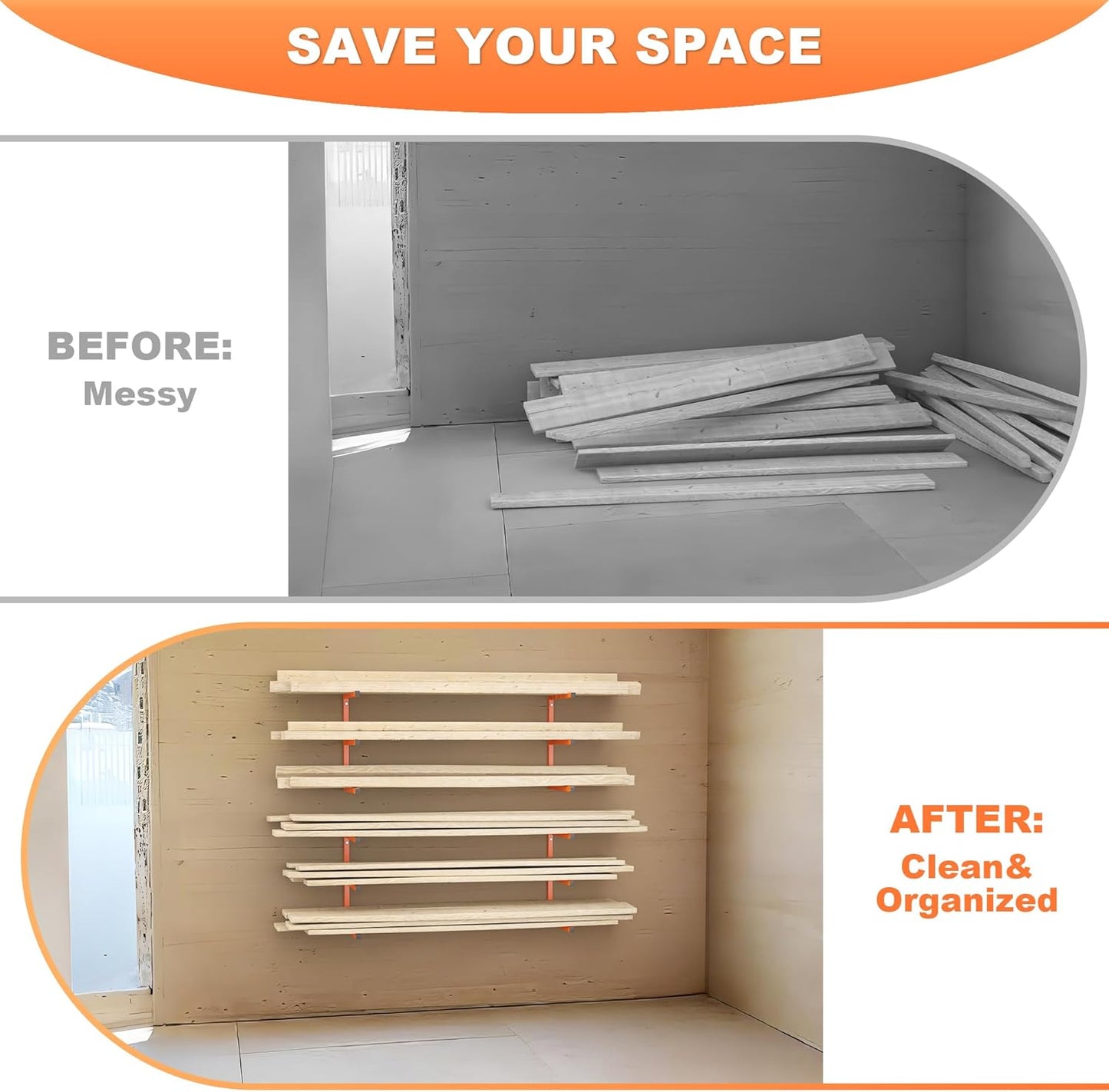 Ultrawall Lumber Storage Rack Wall Mount Wood Storage Racks, Metal Wood Organizer Racks for Shed, Workshop, Garage, Holds Up 220 LBS Per Level (Pack of 4, Orange)