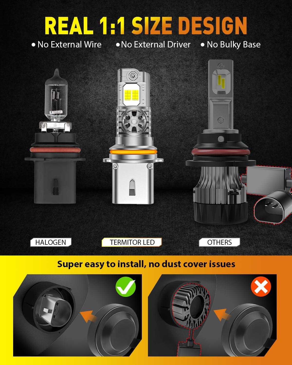 Upgraded 9007/HB5 Light Bulbs, 50,000LM 10X Ultra-Brighter, 6500K Cool White, 1:1 Halogen Size 9007 Fog Lights, Plug-N-Play, IP68 Waterproof, Pack of 2