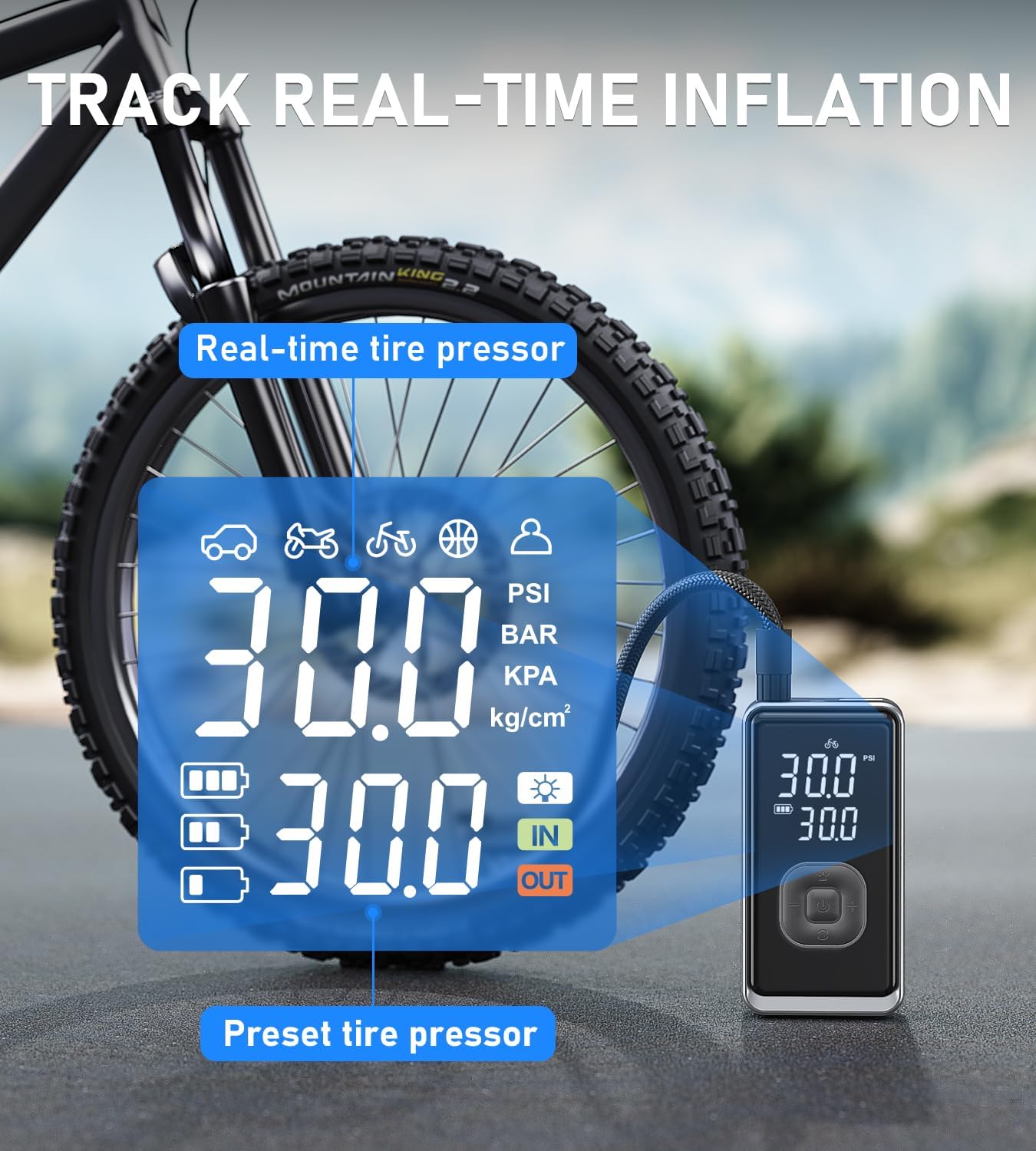 Tire Inflator Portable Air Compressor, 150PSI Cordless Mini Air Pump with Digital Pressure, Bike Pump, 3X Fast Inflation Tire Inflator for Car, Motorcycle, Bike, Ball-LED Light and Auto Shut-Off