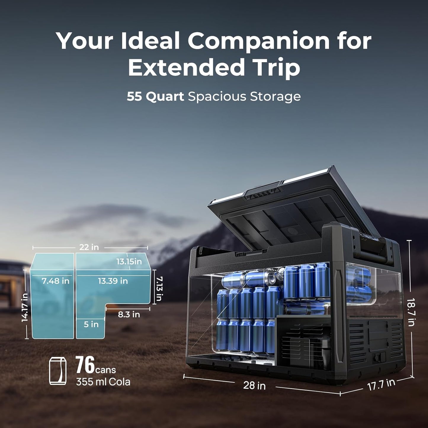 BougeRV 12 Volt Portable Refrigerator, 55 Quart Rocky V2.0 Dual Zone Car Fridge Freezer with APP Control, Compressor Cooler 12/24V DC, 110~240V AC for Overlanding, Camping, Travel, RV, Truck