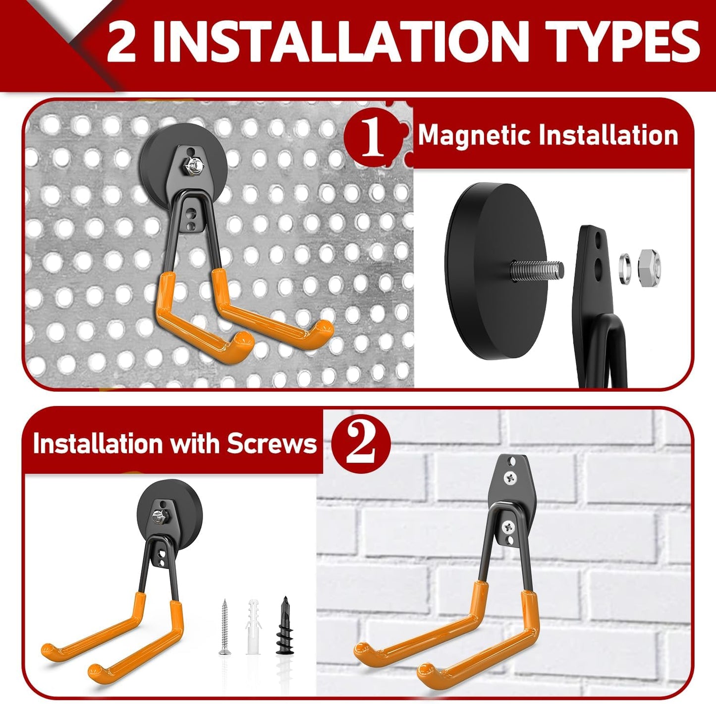 3-H Heavy Duty Magnet Garage Hooks 4 Pack, Extra Large Strong Magnetic Hooks for Hanging Cordless Power Drill, Utility Magnetic Tool Holder for Metal Cabinet, Steel Pegboard, Toolbox, Garage(Orange)