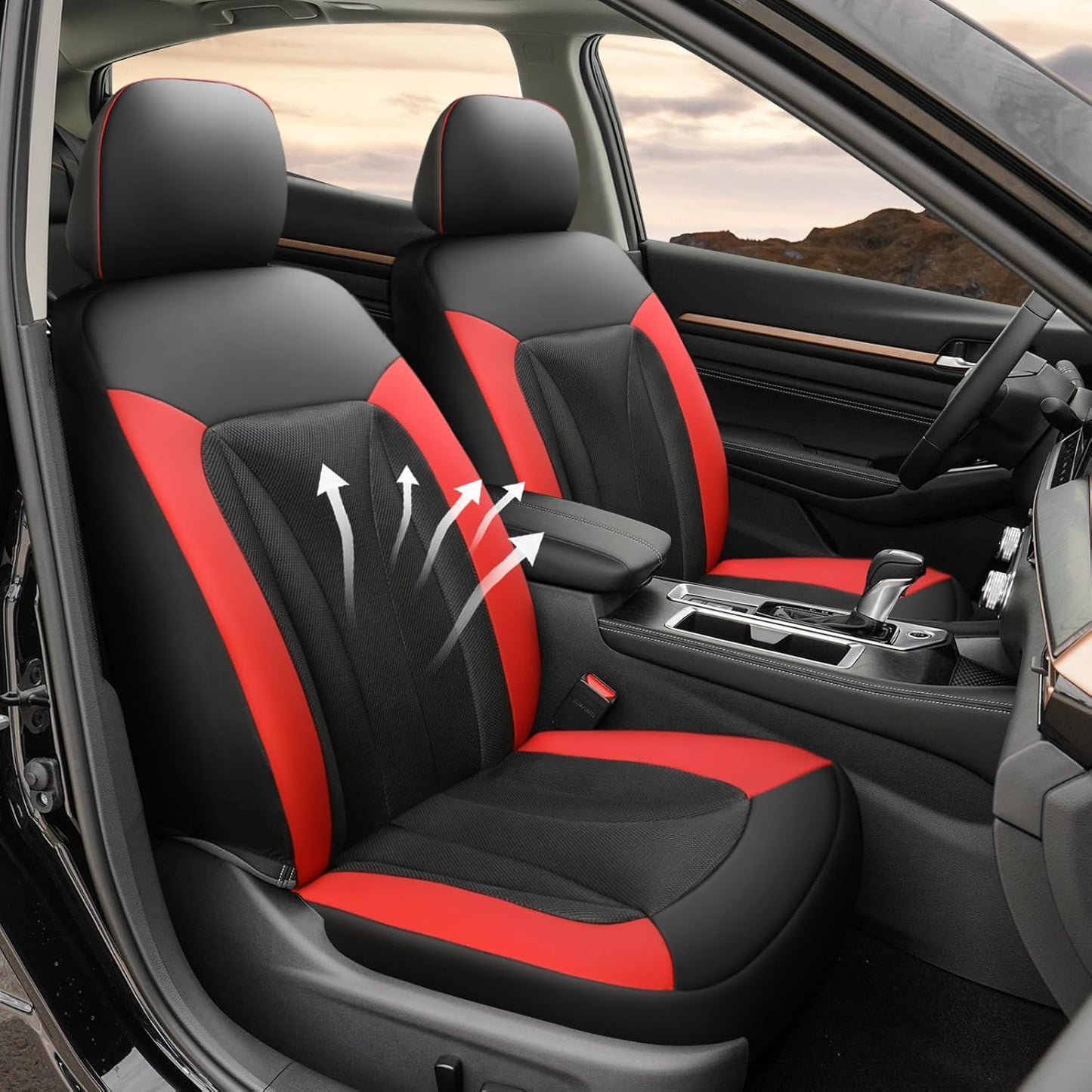 GIANT PANDA 2 Front Leather Car Seat Cover for Hyundai,3D Air Cool Mesh Thick Seat Covers Custom Fit Hyundai Sonata Elantra Santa Fe Tucson Accent Kona Palisade Genesis Venue Ioniq (Red+Black)