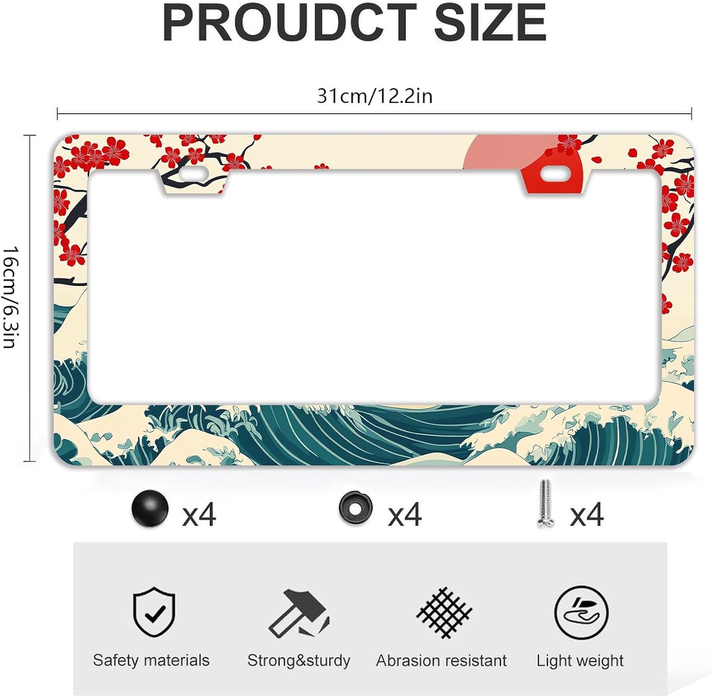 Waves Cherry Blossom License Plate Frames - 2 Pcs Set 2 Holes Stainless Steel Metal Auto Car Accessories Decoration License Plate Frame Cover Size 6.3" x 12.2" Fit US Vehicles for Women Men Gift