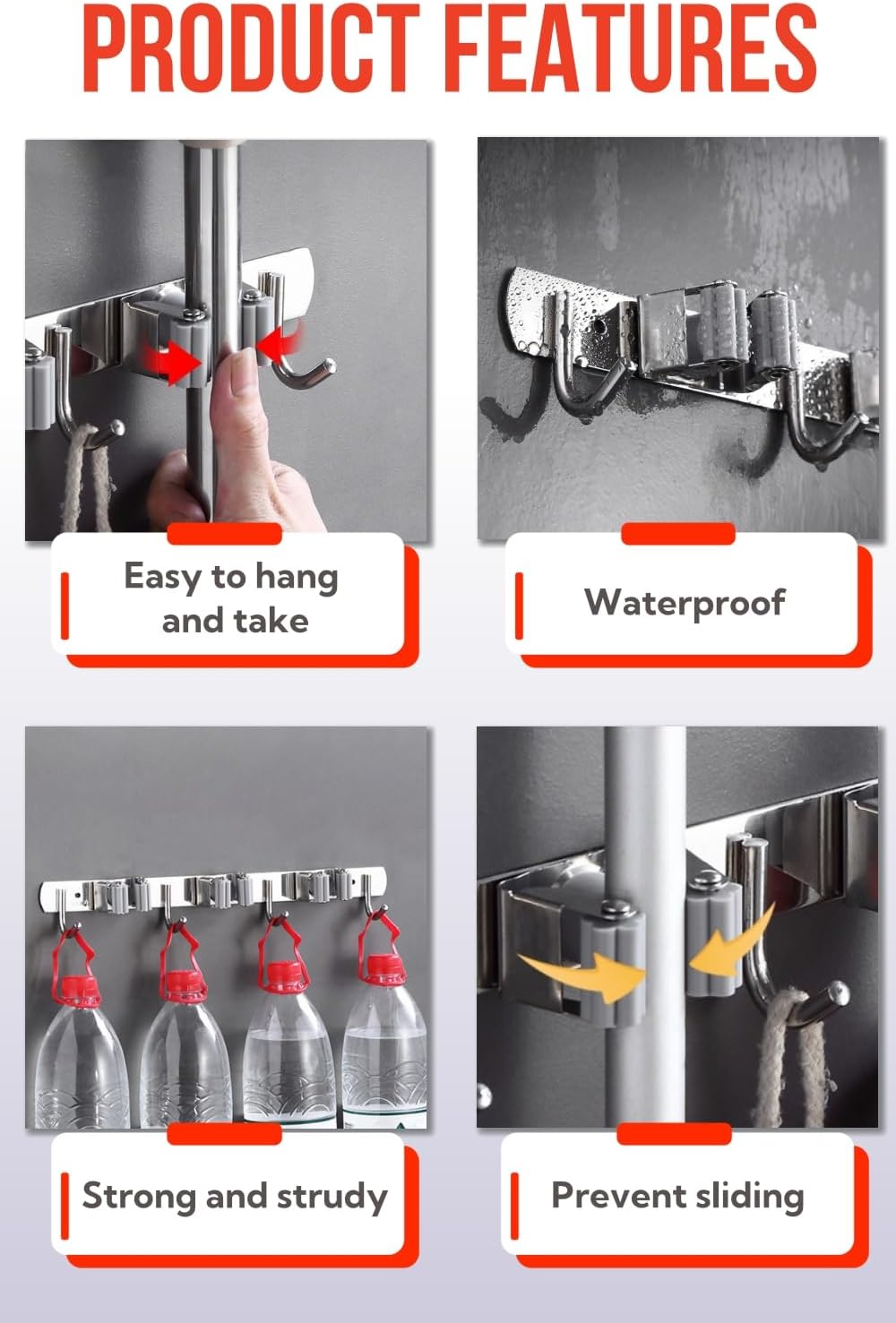 Mop and Broom Holder Wall Mount, Upgraded Broom Hanger Wall Mount, Stainless Steel Broom Organizer for Closet Garage Laundry Room Kitchen Wall Decor(5Racks 4Hooks Silver)