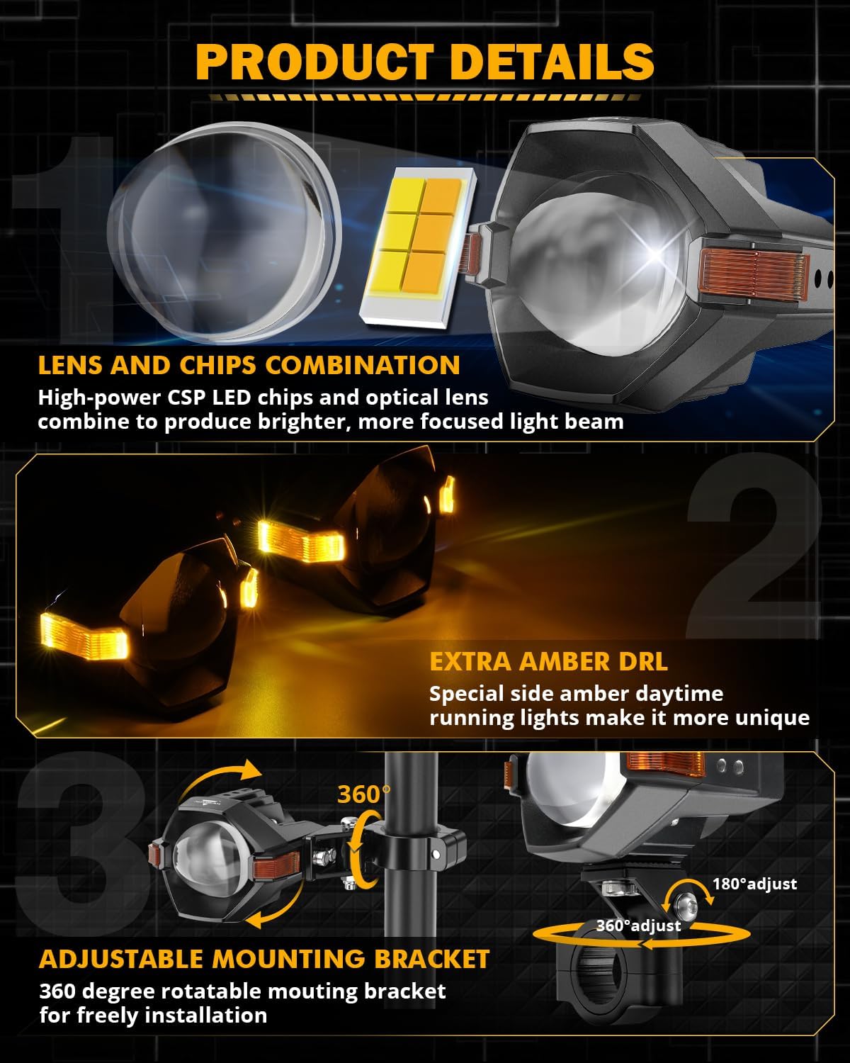 Auxbeam Motorcycle LED Fog Lights Auxiliary Lights Driving Light Spotlights 8 Modes White/Amber Dual Color Strobe Switchback 3 Inch 60W LED Offroad Work Light for Motorcycle ATV UTV Trucks - 2Pcs