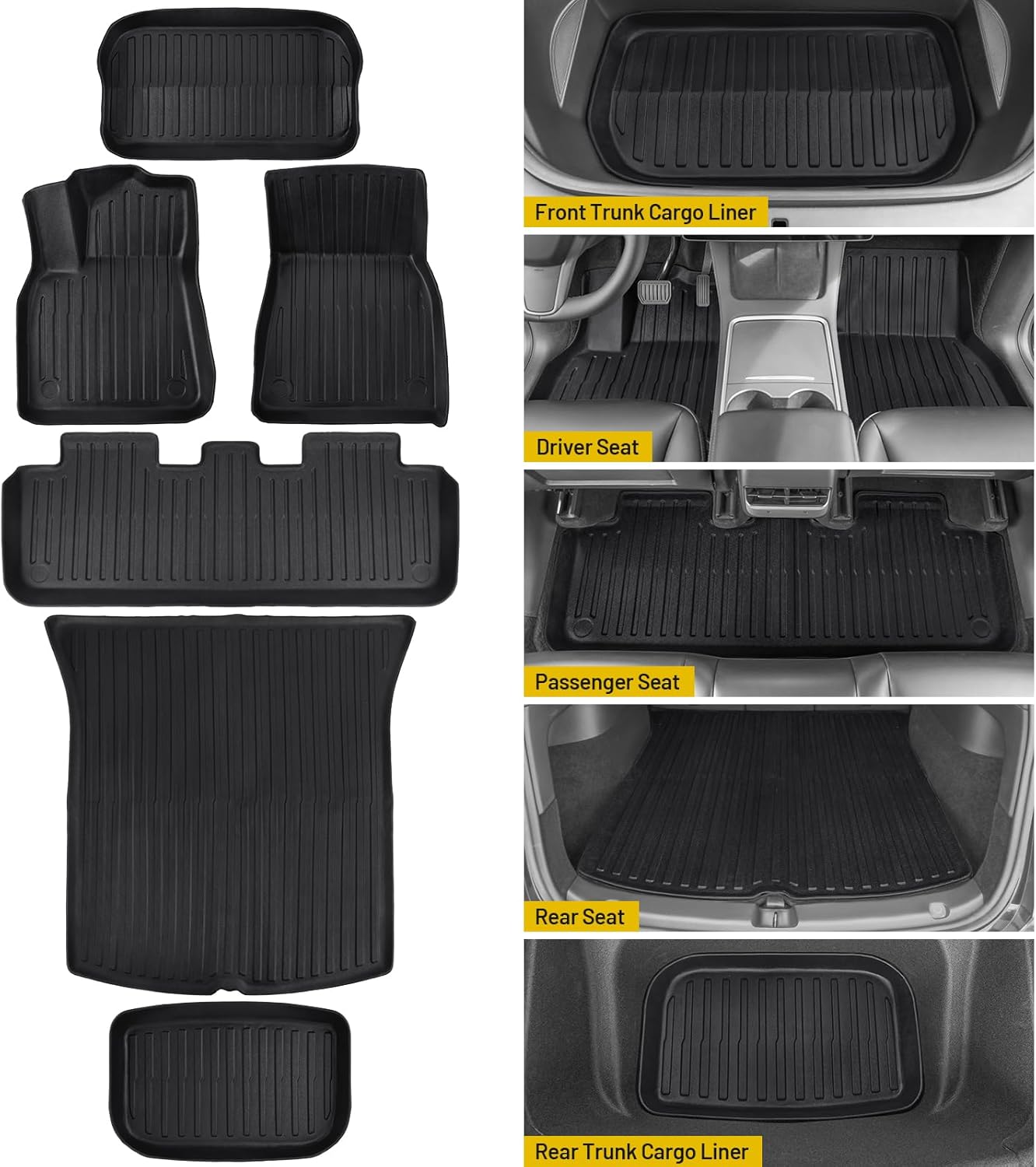Floor Mats for 2021-2025 Tesla Model Y Custom Fit All Weather TPE Trunk Mats Front & Rear Waterproof Anti-Slip Cargo Liners Accessories for 6 Car Mats 5-Seater (Not Fit 7-Seat)
