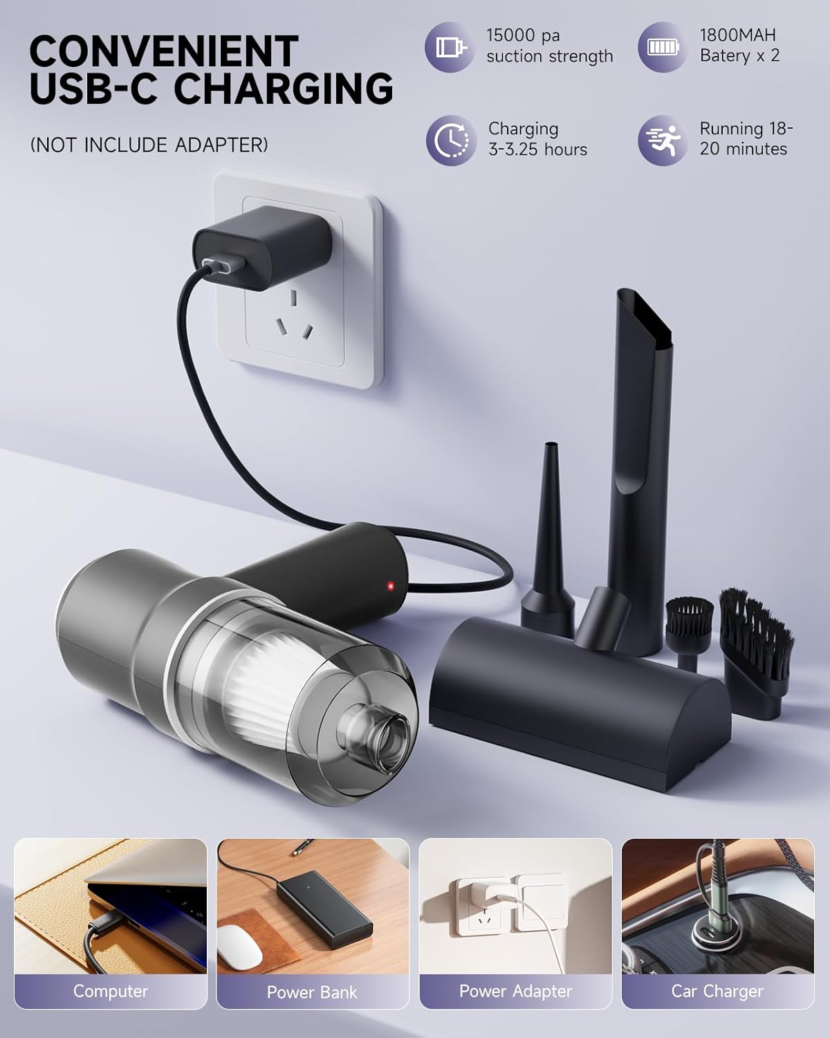 Handheld Vacuum Cordless Rechargeable with LED Light and Multi-Nozzles,15000 Pa Car Vacuum Portable Cordless, 120W Powerful Mini Vacuums Cleaner for Home, Car, Pet Hair, DC Motor, Black