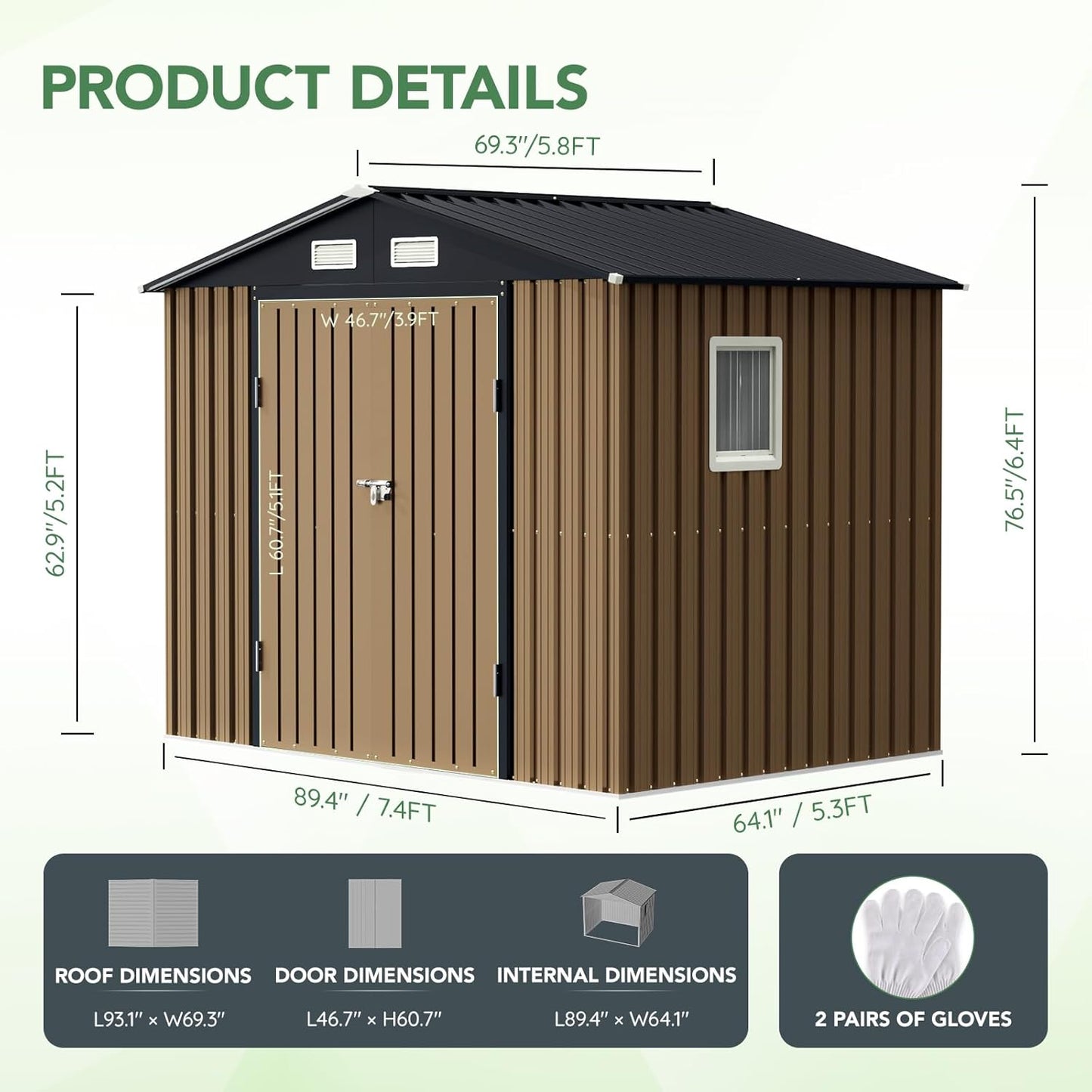 8X6FT Outdoor Steel Storage Shed with Lockable Doors, One Big Window,Ideal for Garden, Backyard, Patio Storage,Brown