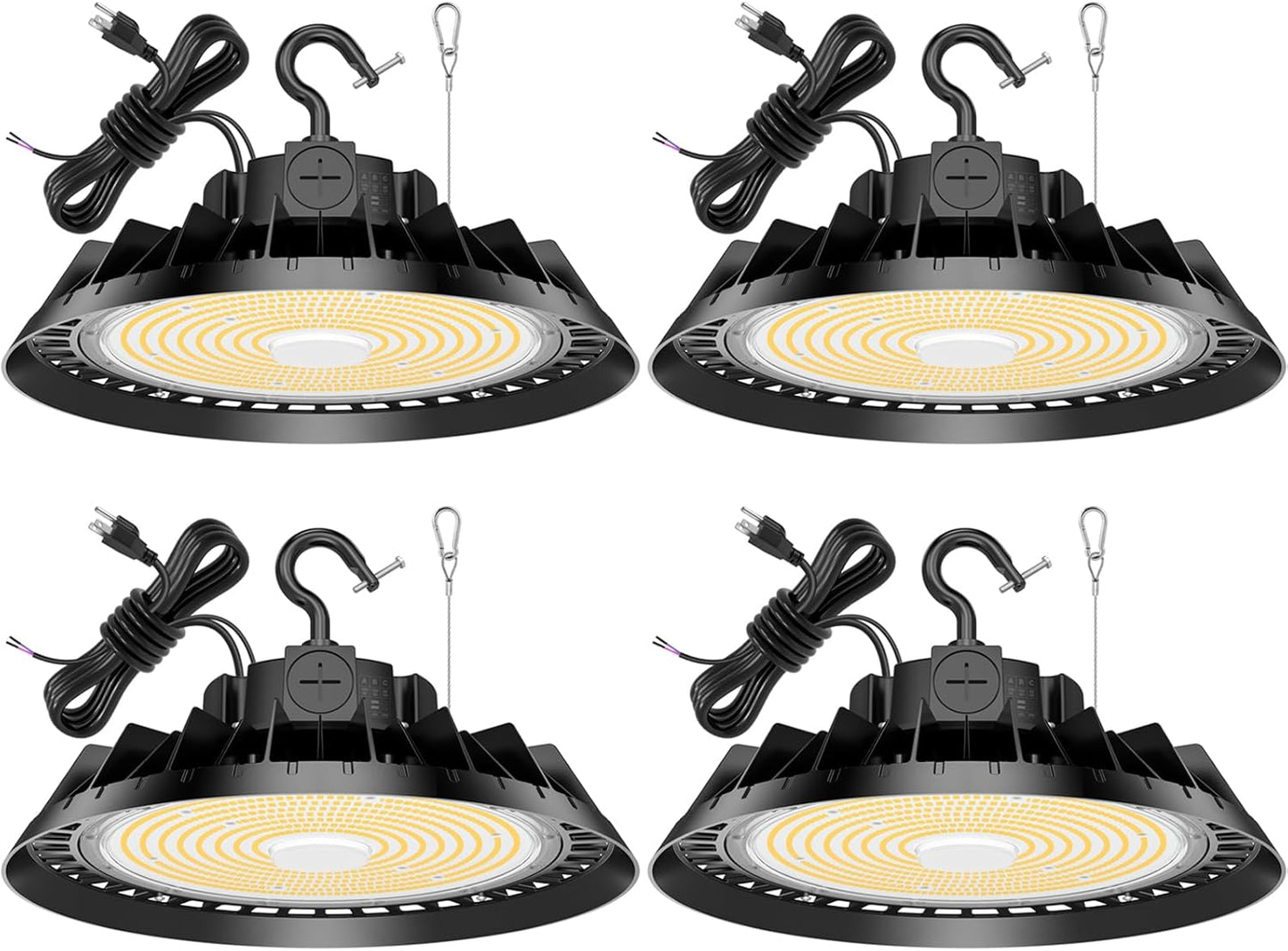 4Pack LED High Bay Lights, 150W UFO High Bay LED Shop Lights, 22500LM Adjustable CCT(5700K 5000K 4500K) & Power(150W 120W 80W), 0-10V Dimmable, 5' Cable Plug, IP65 Waterproof, ETL & DLC Listed