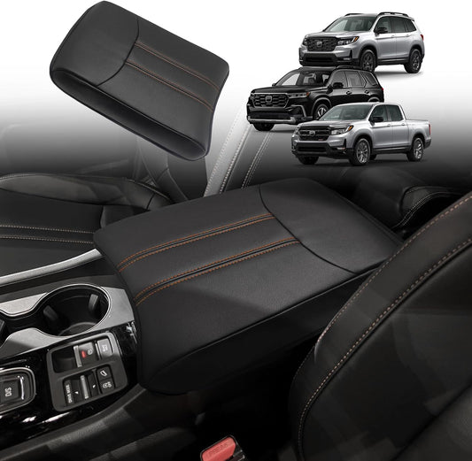Muslogy Center Console Cover Compatible with Honda Pilot 2023 2024 2025, 2024-2026 Ridgeline/Passport Accessories Armrest Pad Lid Cushion Console Protector Vegan Leather Extra Soft(Black/Orange Trim)