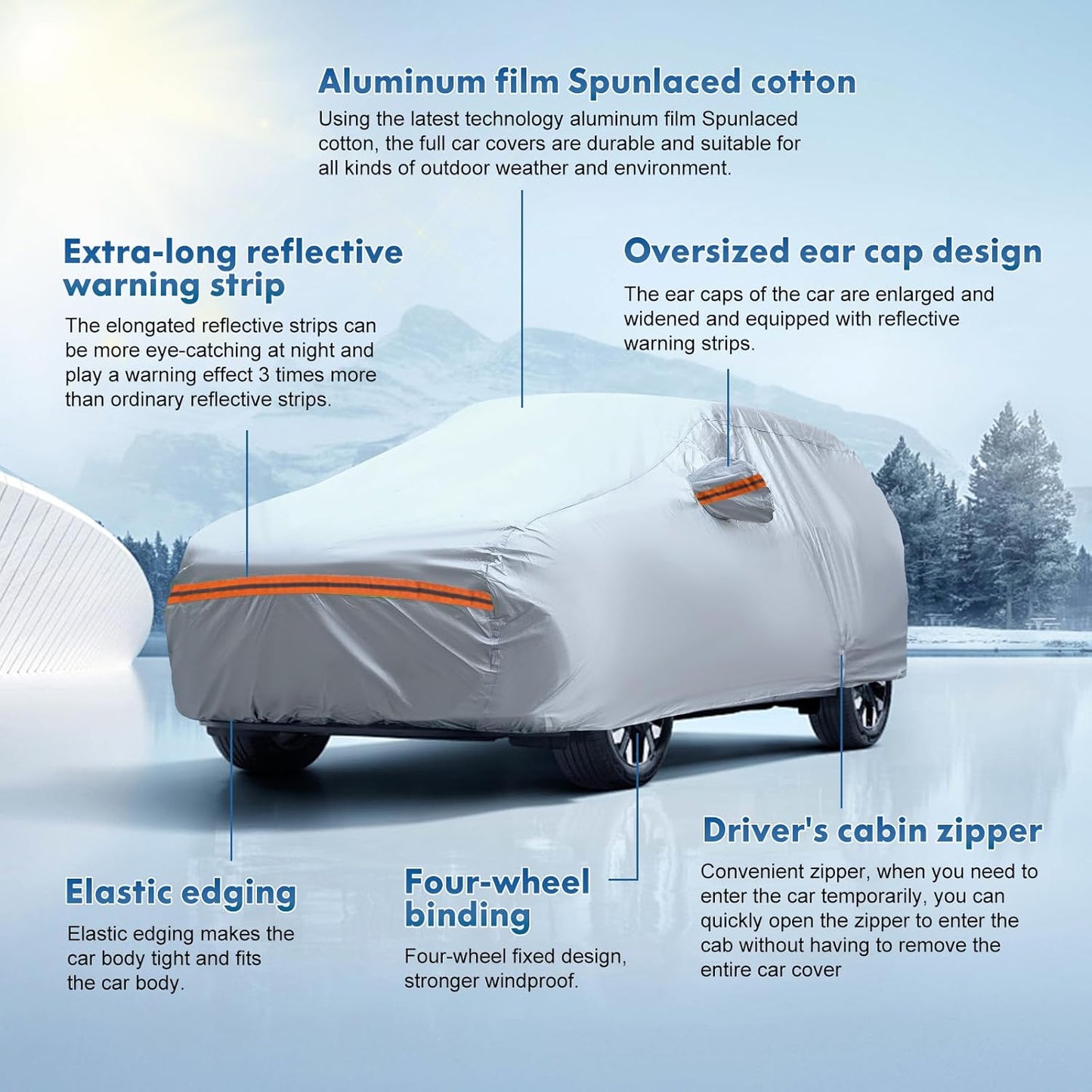 KEYOOG 6-Layer Full Car Cover is All-Weather Waterproof, Fit for 197"-207" Length Sedan, Universal in All Seasons, Snow Prevention, Rainproof, Acid Rainproof, Sunscreen, Orange Reflective Strip