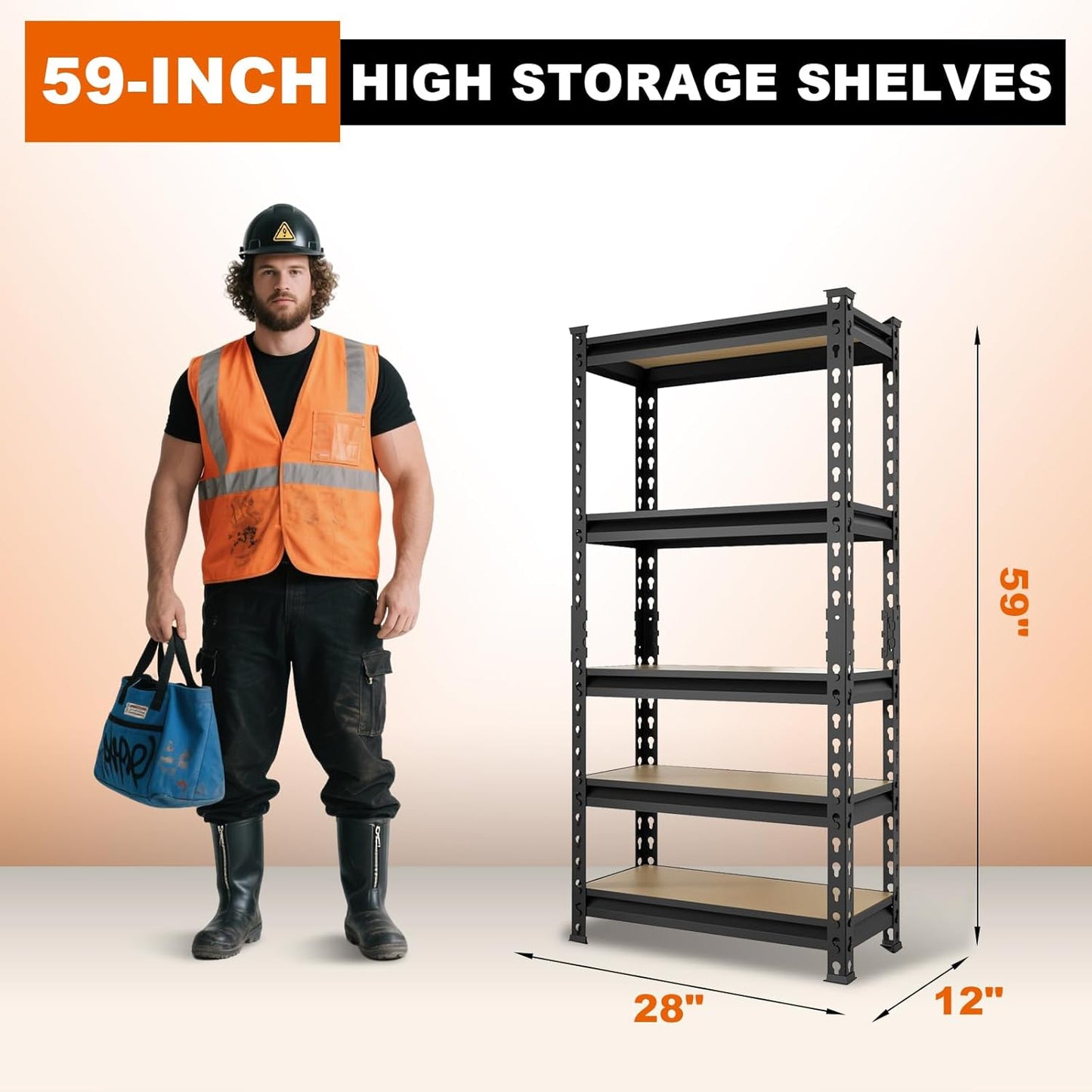 BIG RED Storage Shelving Unit, 5-Tier Adjustable, Heavy Duty Metal Garage Shelves/Utility Rack for Kitchen, Pantry, Basement, Bathroom, Laundry - 2,000 lbs Capacity, Black, 59" H x 28" W x 12" D