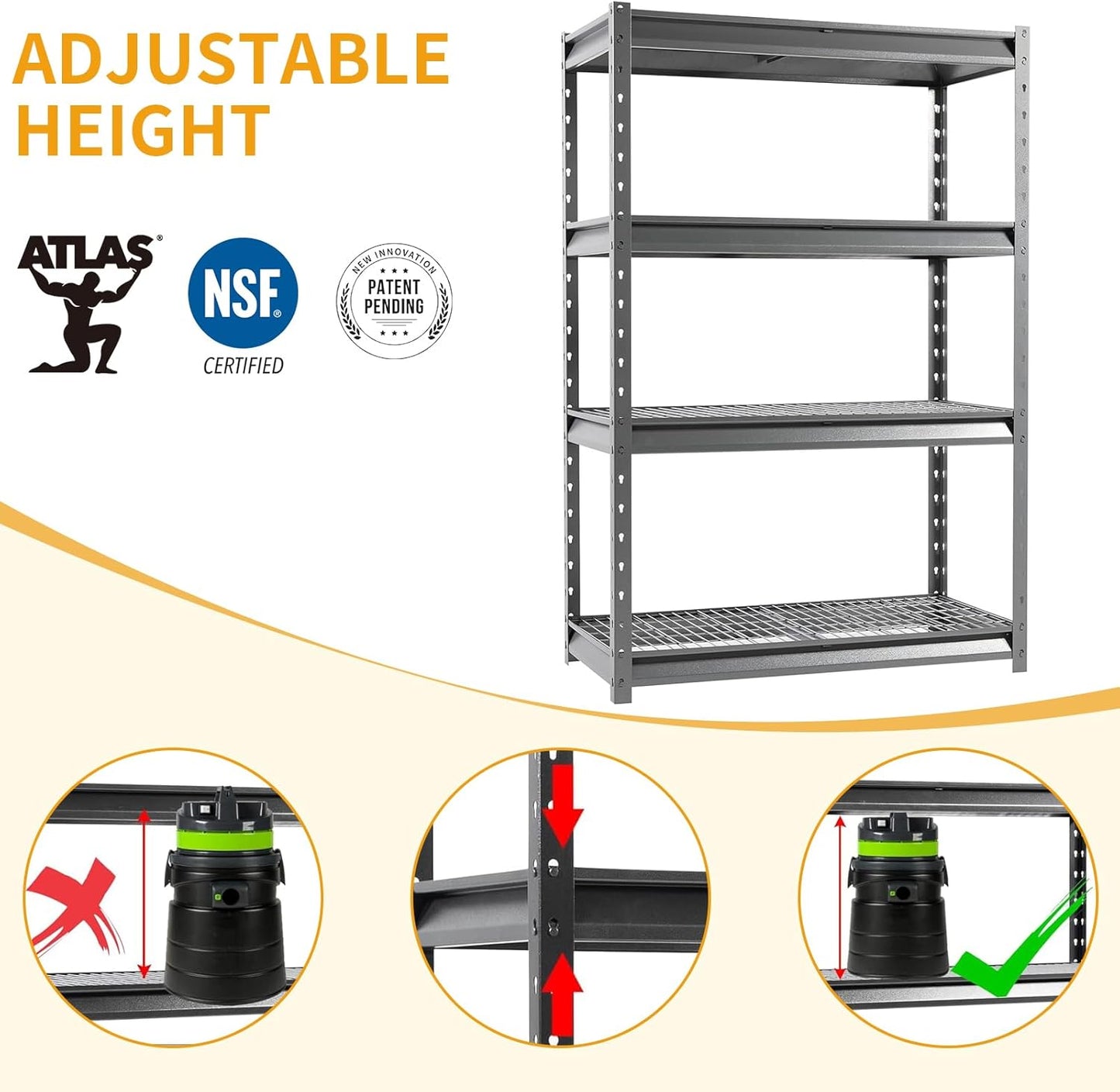 The Atlas 48" W Heavy Duty Garage Shelving Unit Load 12000 Lbs, 4-Tier Metal Shelves for Storage, Adjustable All Steel Industrial Shelf, 48" W x 24" D x 72" H, Grey