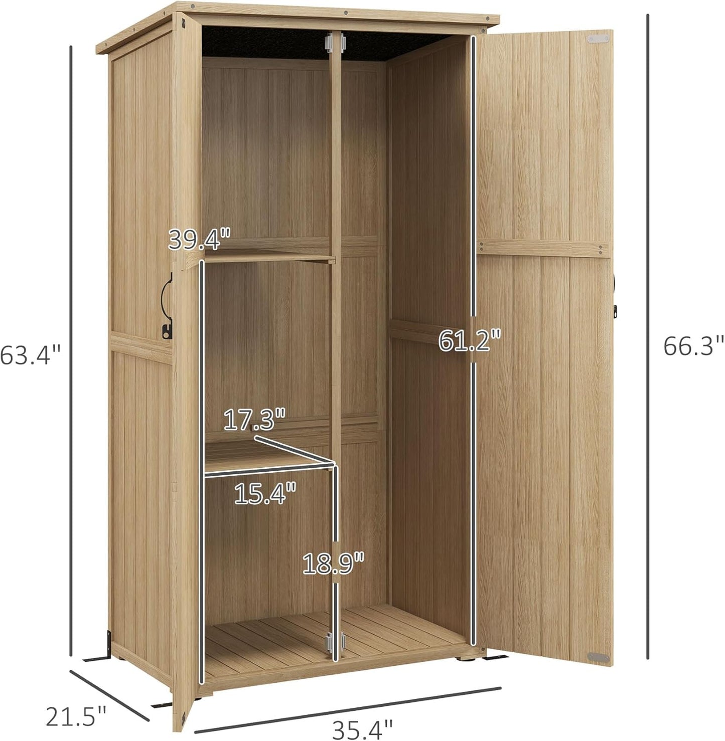 Wooden Garden Shed, Outdoor Storage Cabinet with Waterproof Asphalt Roof, Narrow Tool Shed with Shelves and Lockable Doors, Natural