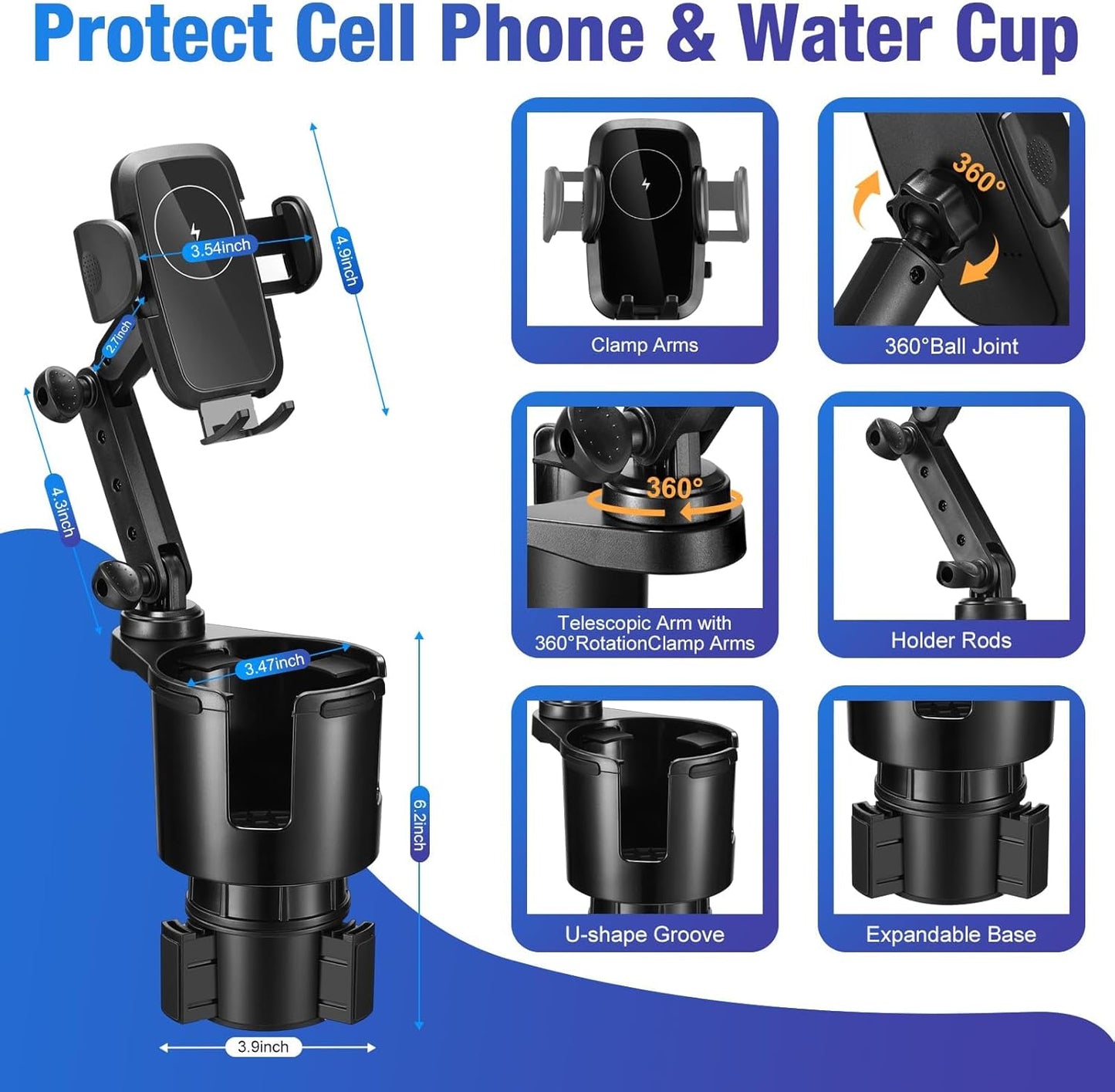 This Hill Cup Holder Phone Charger, 15W Fast Charging Auto Clamping, Phone Holder for Cup Holder Charger with Adjustable Base & 360° Rotation Compatible for All Smartphones(with Car Adapter)