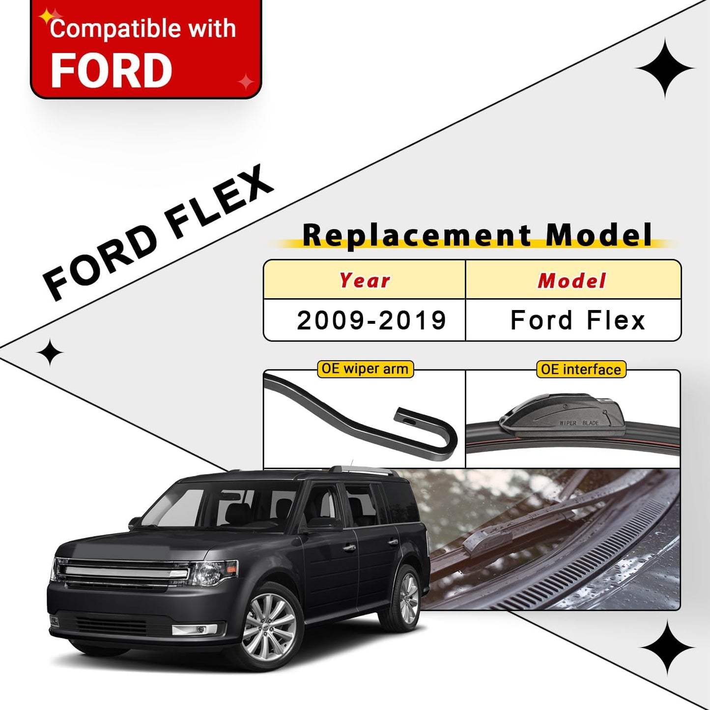 Windshield Wiper Blades Replacement for Ford Flex 2009 2010 2011 2012 2013 2014 2015 2016 2017 2018 2019 Original Factory Quality Front Rear Wipers Blade Set - 24" 22" 12" (Pack of 3)