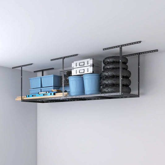 2ftx8ft Overhead Garage Storage Rack, Heavy-Duty Metal Garage Ceiling Storage Rack, 22''-40" Adjustable Ceiling Drop-Down, 400 lb. Loading Weight Capacity, Black