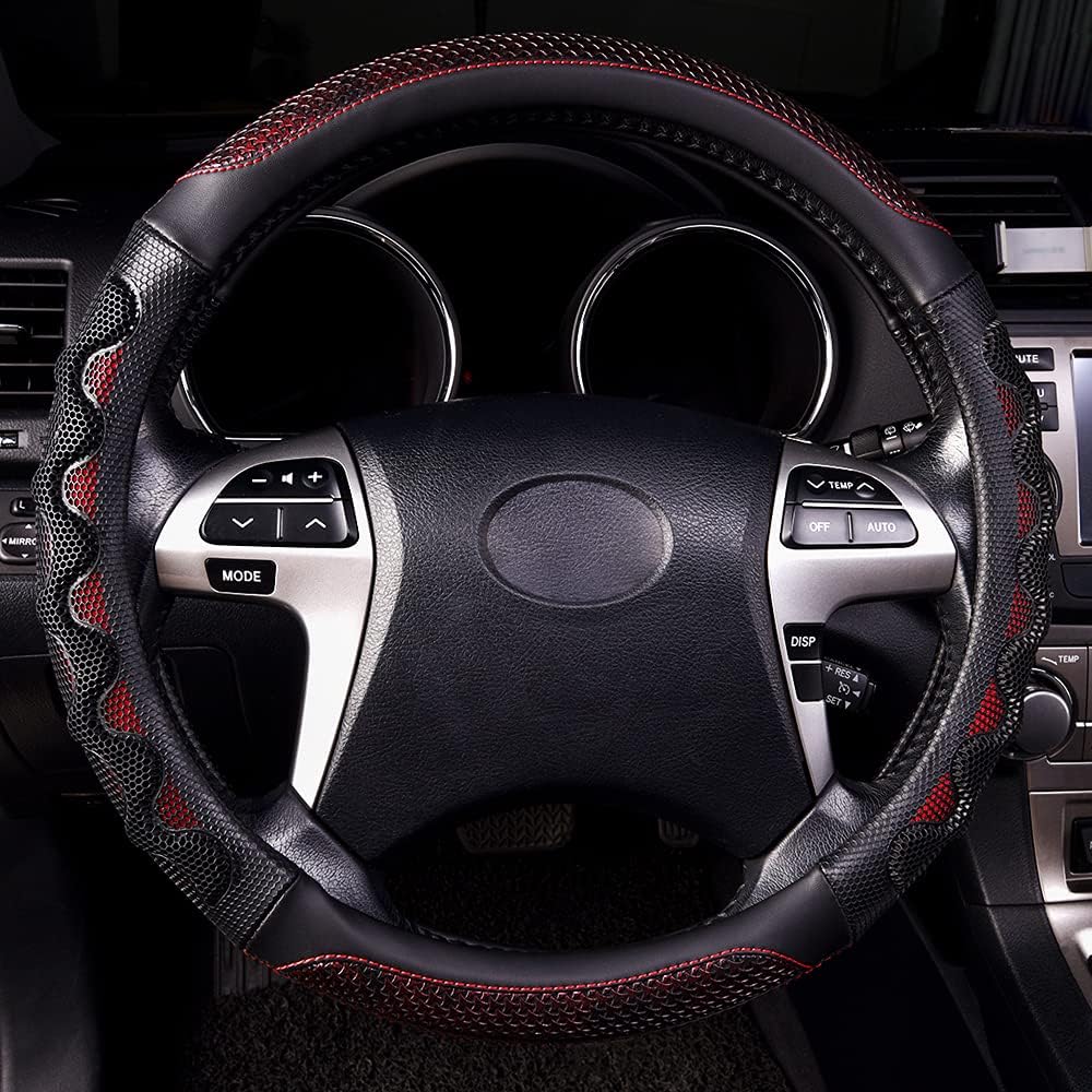 Flying Banner car Steering Wheel Cover Faux Leather Massage Universal fit 3D Honeycomb Hole Anti-Slip Sporty 15 Inches (Red with Black)