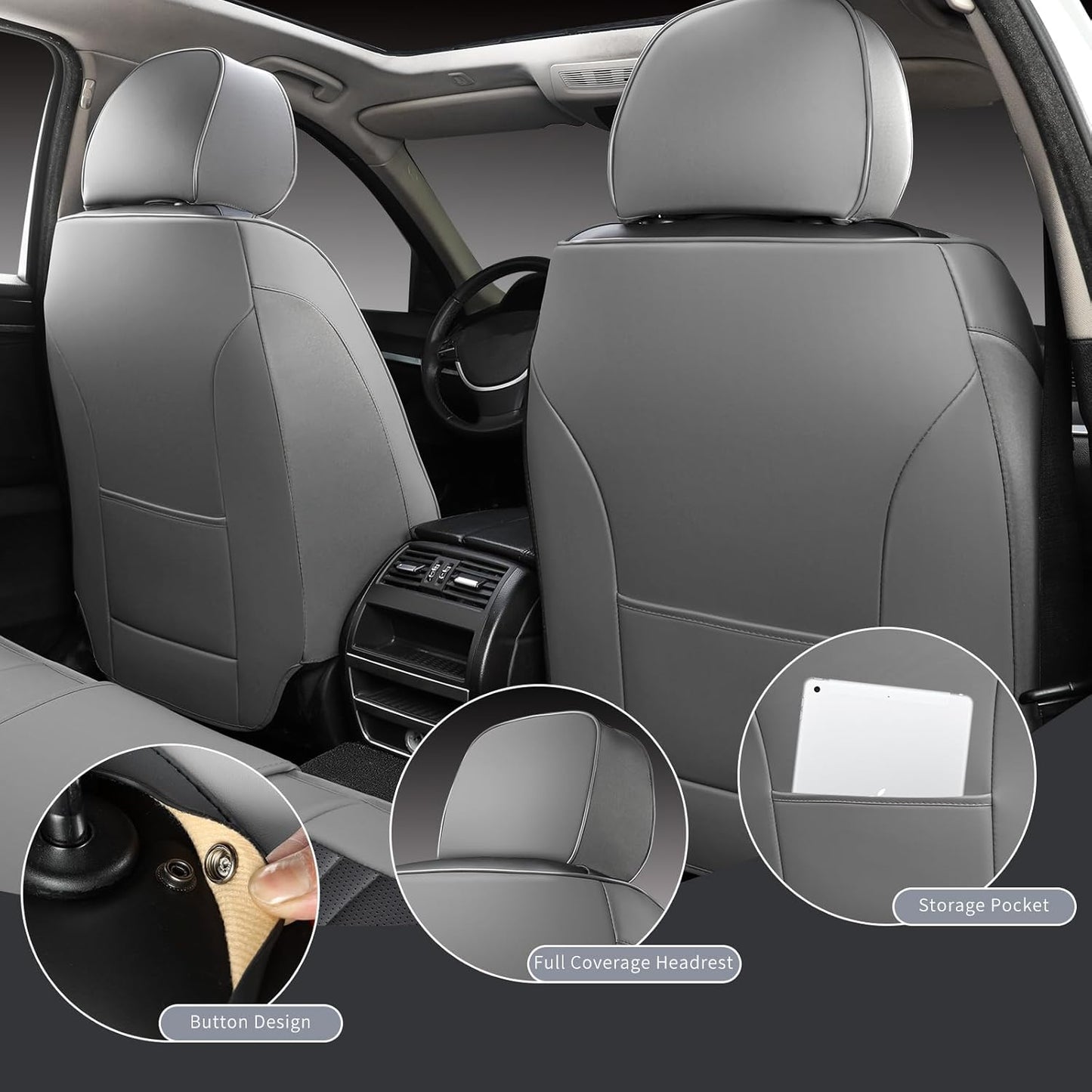 Leather Car Seat Covers,Breathable and Waterproof Faux Leather Automotive Seat Covers for Cars SUV Truck Sedan,Universal Driver Seat Cover Grey&Black