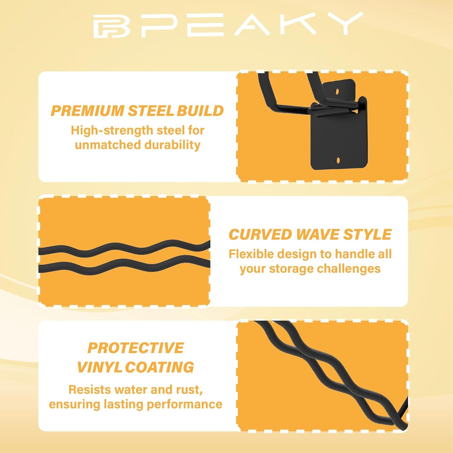 Heavy Duty Garage Hooks - 6 Pack Wave Hooks for Shovels, Chairs Tools - Durable 12" Ladder Hanger, Ideal for Garden, Garage, Yard Tool Organization