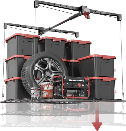 Overhead Garage Storage Rack, Adjustable Heavy-duty 4x4 Ft Ceiling Storage Racks with Safety Lock, Ideal for Garage Storage Lifting Organization System, 250lbs Capacity