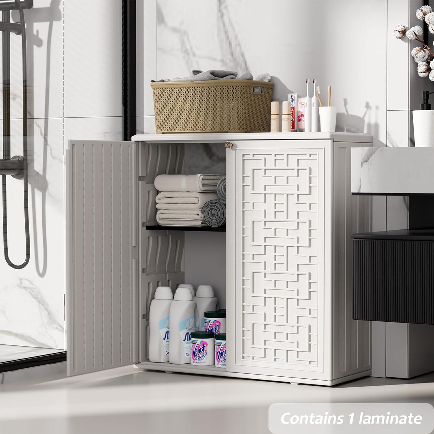 ZZM HDPE Outdoor Storage Shed, Outdoor Plastic Storage Cabinet, Horizontal Resin Tool Shed for Garden, All Weather Outdoor Storage Clearance, DIY Usage, with one Shelf (White)