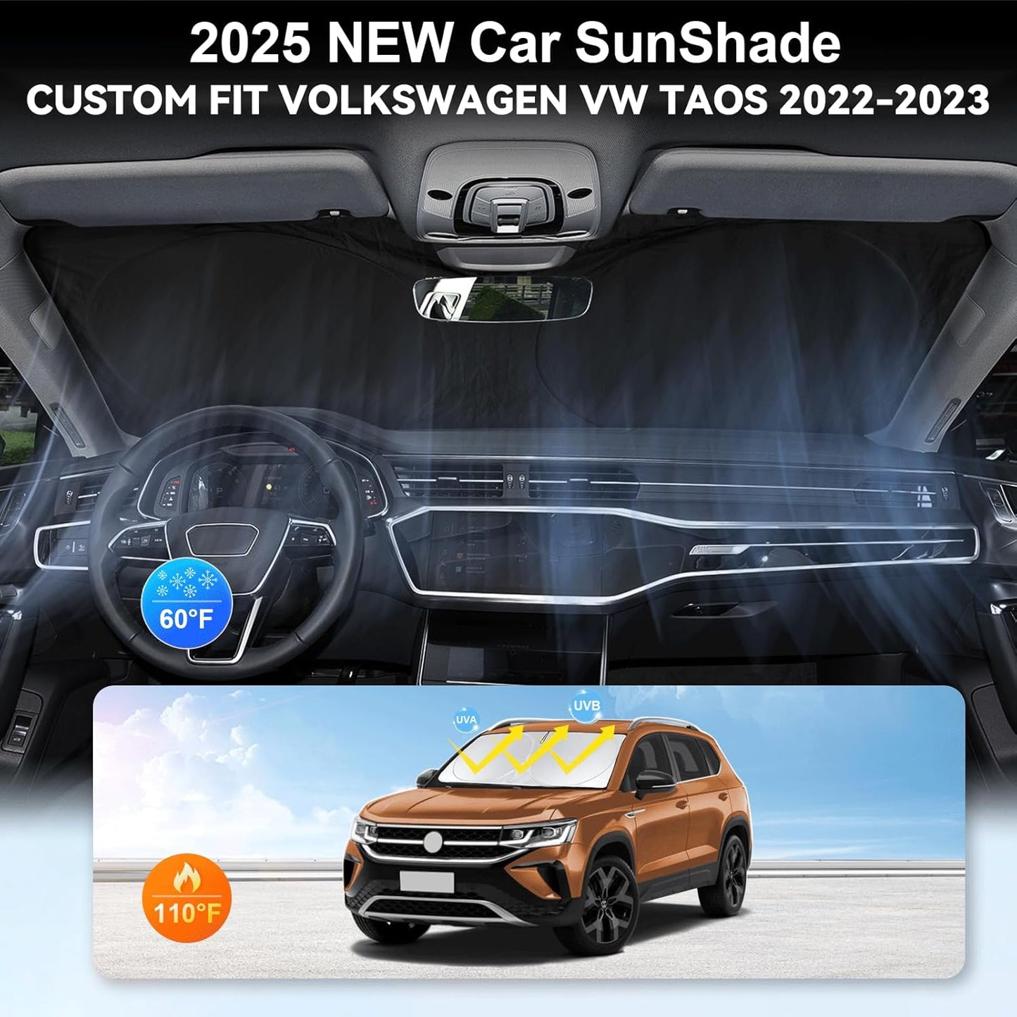 Custom Fit VW Taos Windshield Sunshade for VW Volkswagen Taos 2022 2023 2024 2025 2026 Accessories Front Window Shield 210T Silver Coating Cover for Volkswagen Windshield Sun Visor Protector Blocks UV