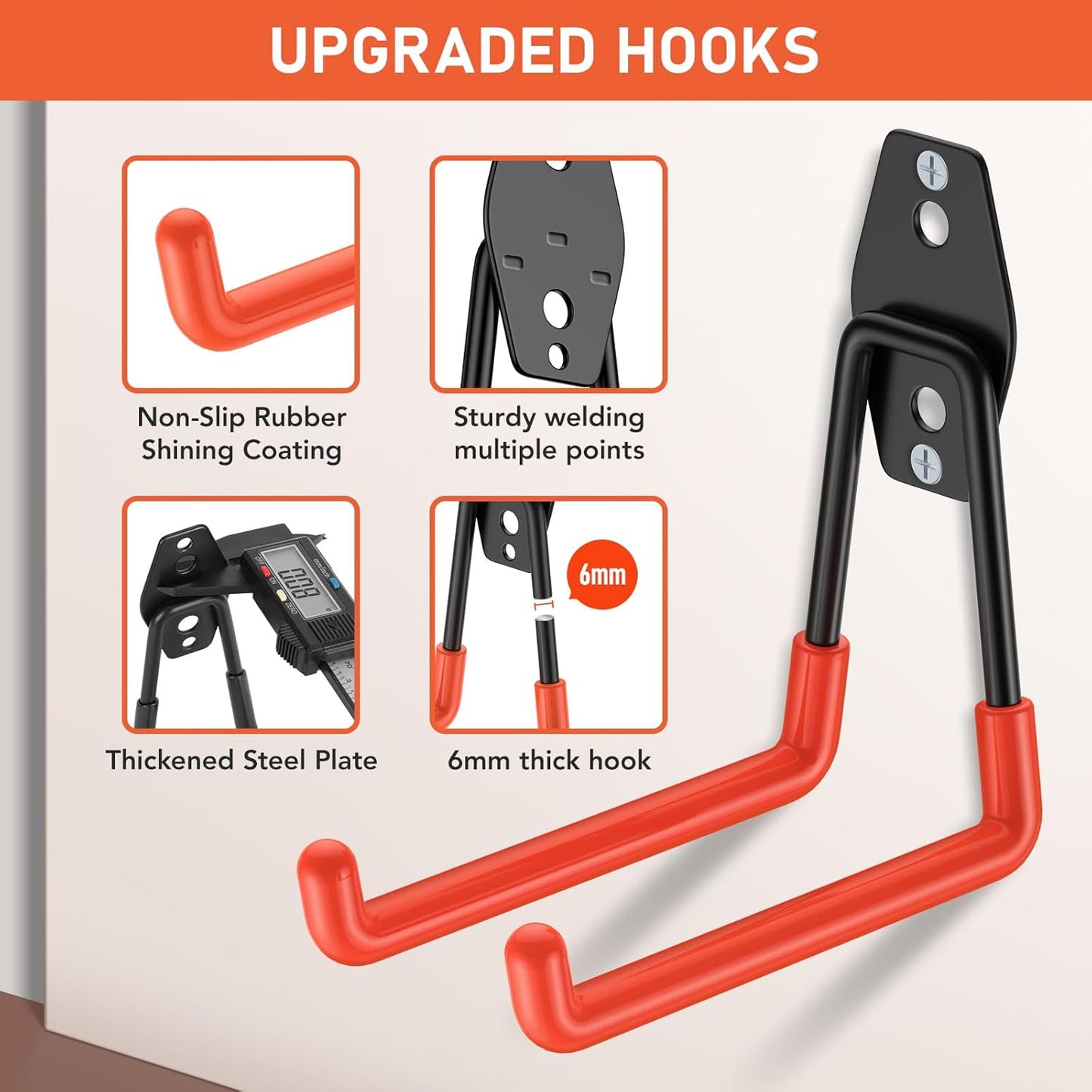 4 Pack 5.2x5.1 Inch Utility Steel Wall Mount Heavy Duty Garage Hooks with Anti-Slip Coating,Storage More Yard,Garden and Power Tools and for Hanging Hose,Ladder and Bike