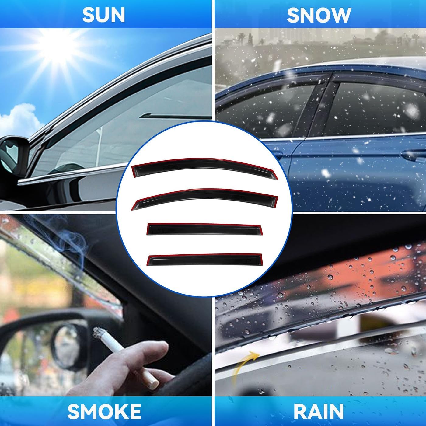 4pcs Front+Rear Smoke Tint Sun/Rain Guard Outside Mount Tape-On Vent Window Visors Compatible with 2011-2017 Nissan Leaf